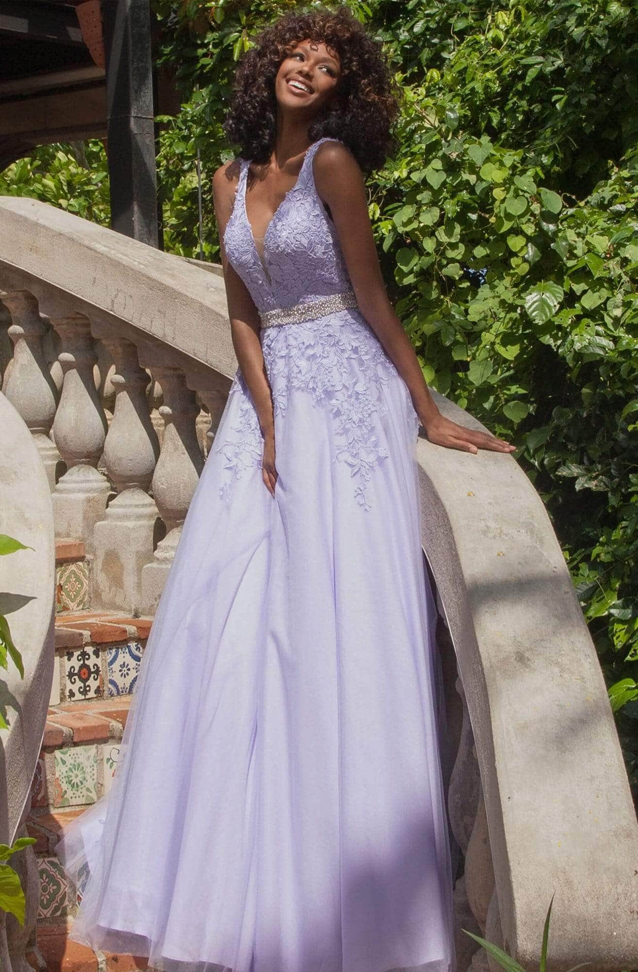 Image of JVN by Jovani JVN68258 - V-Neck Lace Applique Prom Dress