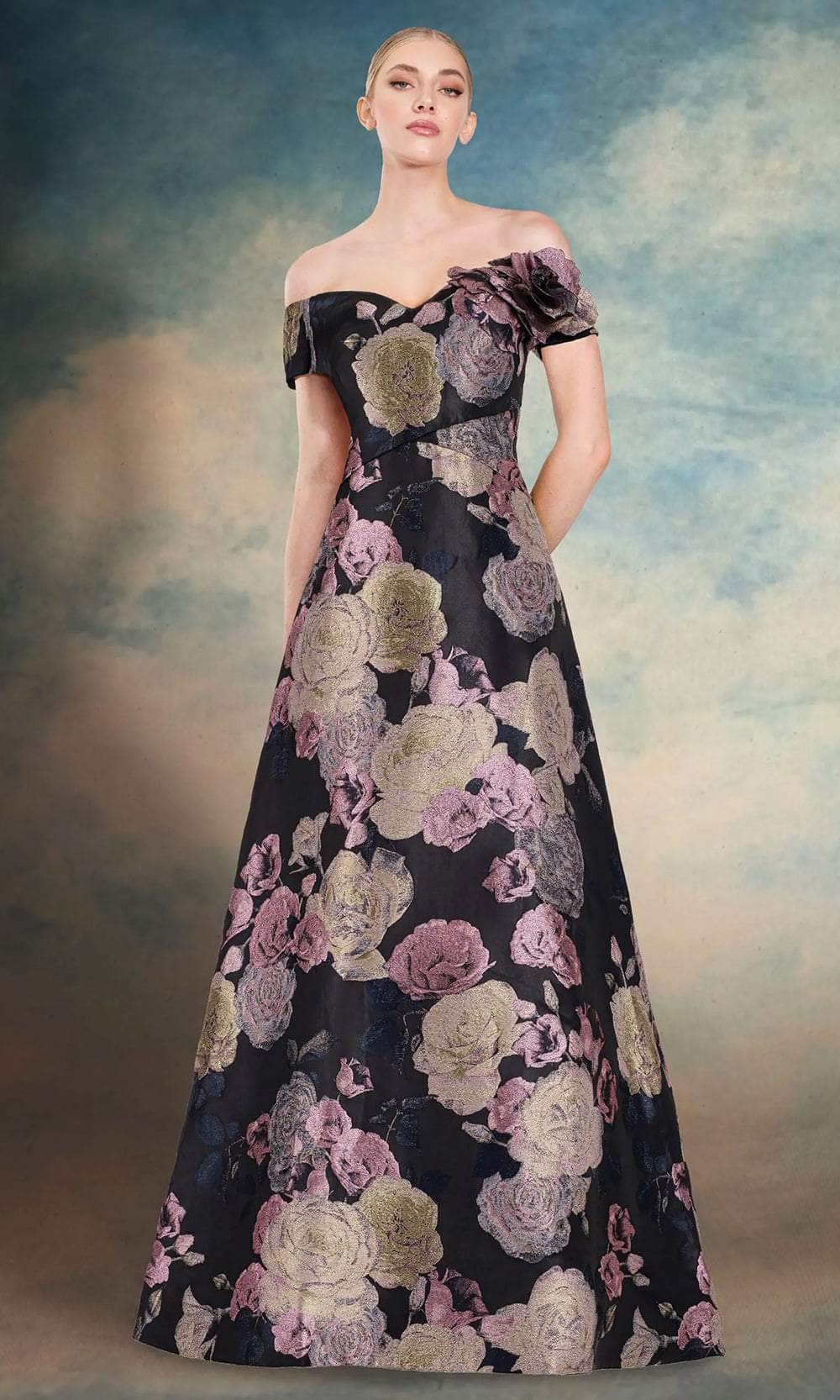 Image of Janique 10621 - Floral Print Off Shoulder A-Line Gown