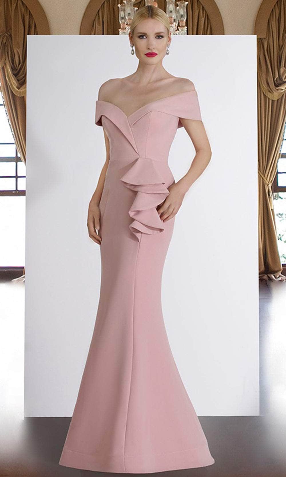 Image of Janique - 1936 Off Shoulder Ruffled Accent Mermaid Gown in Blush