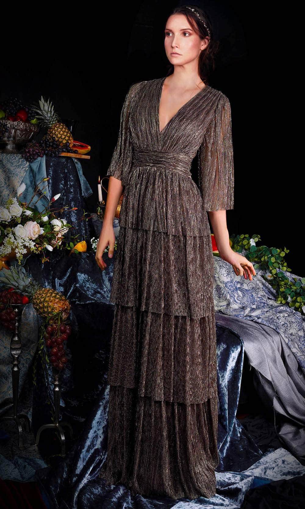 Image of Janique 210722 - Quarter Length-Sleeve Plunging V-neck Evening Dress
