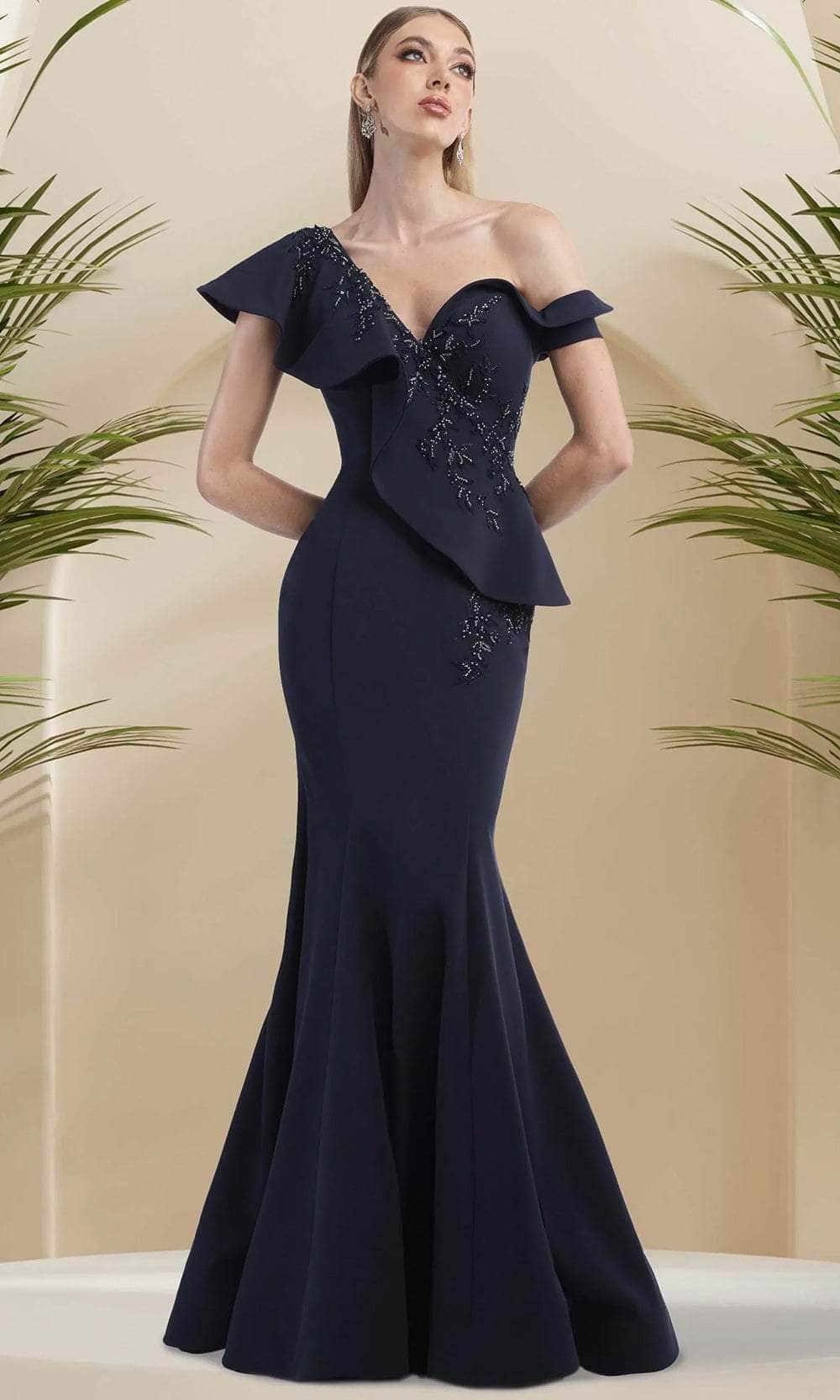 Image of Janique 24986 - Asymmetrical Neckline Mermaid Evening Gown