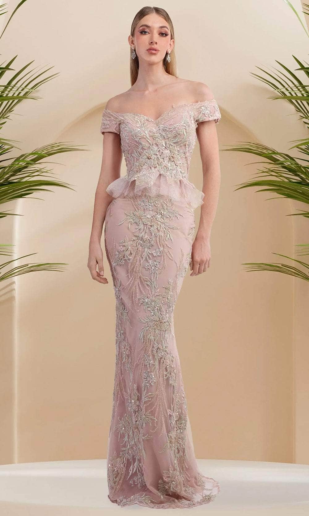 Image of Janique 9639 - Beaded Off Shoulder Gown with Overskirt