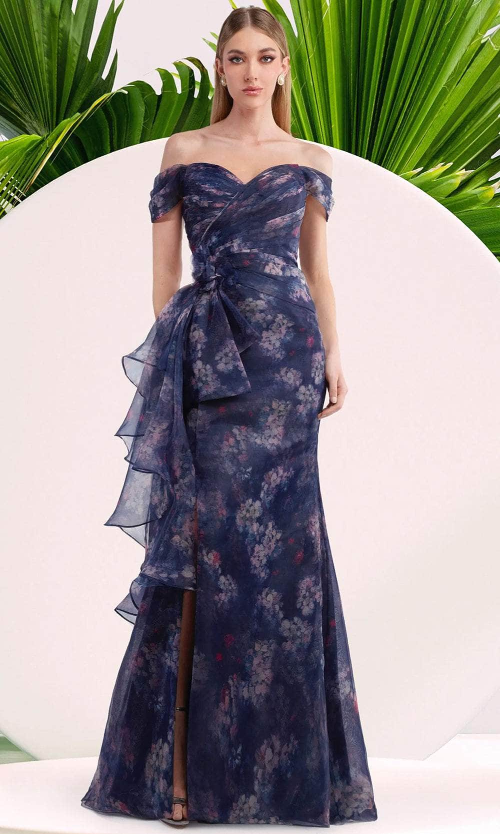 Image of Janique W3017 - Ruffle Drape Floral Print Gown