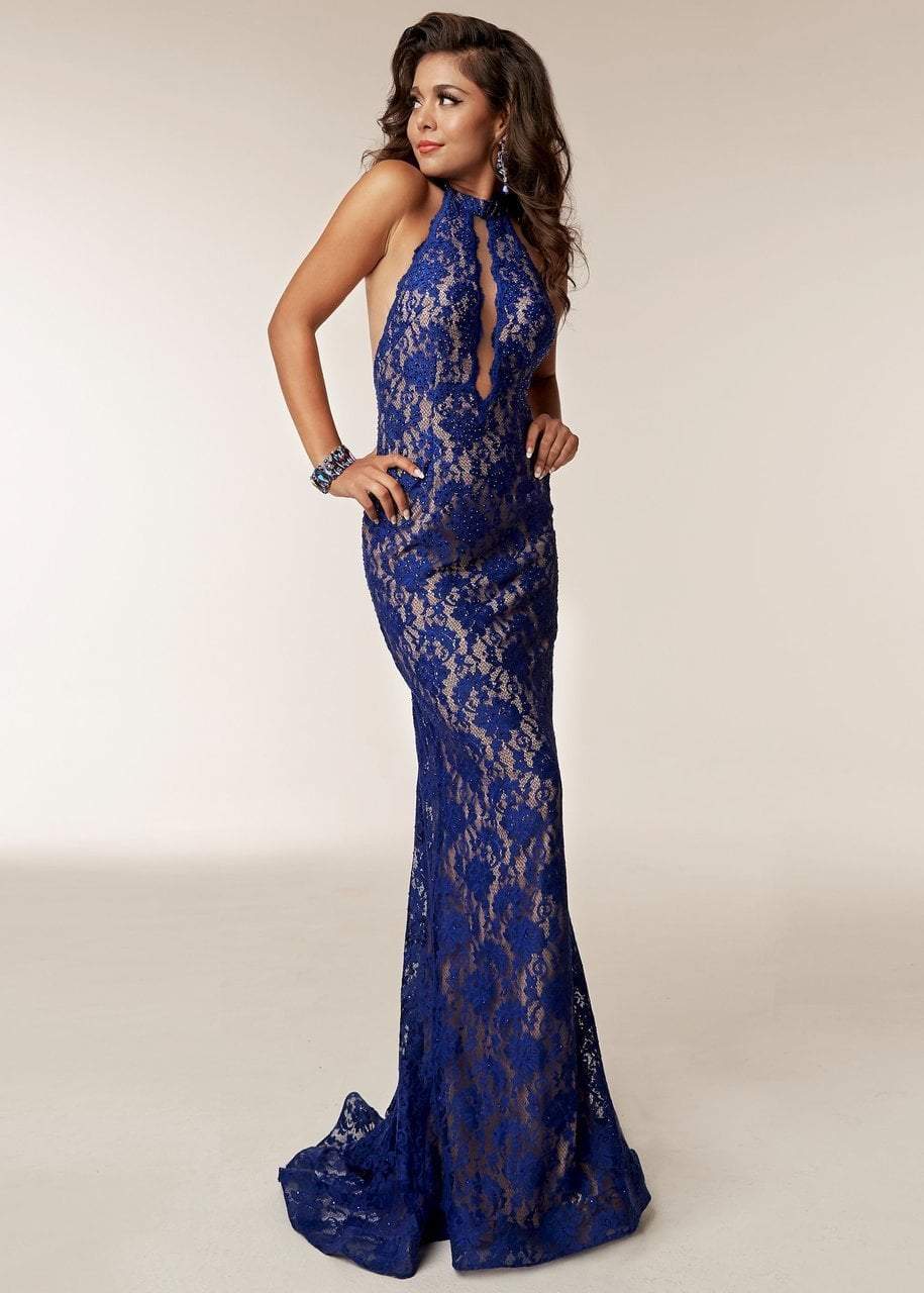 Image of Jasz Couture - 6211 Beaded Lace Halter Sheath Dress