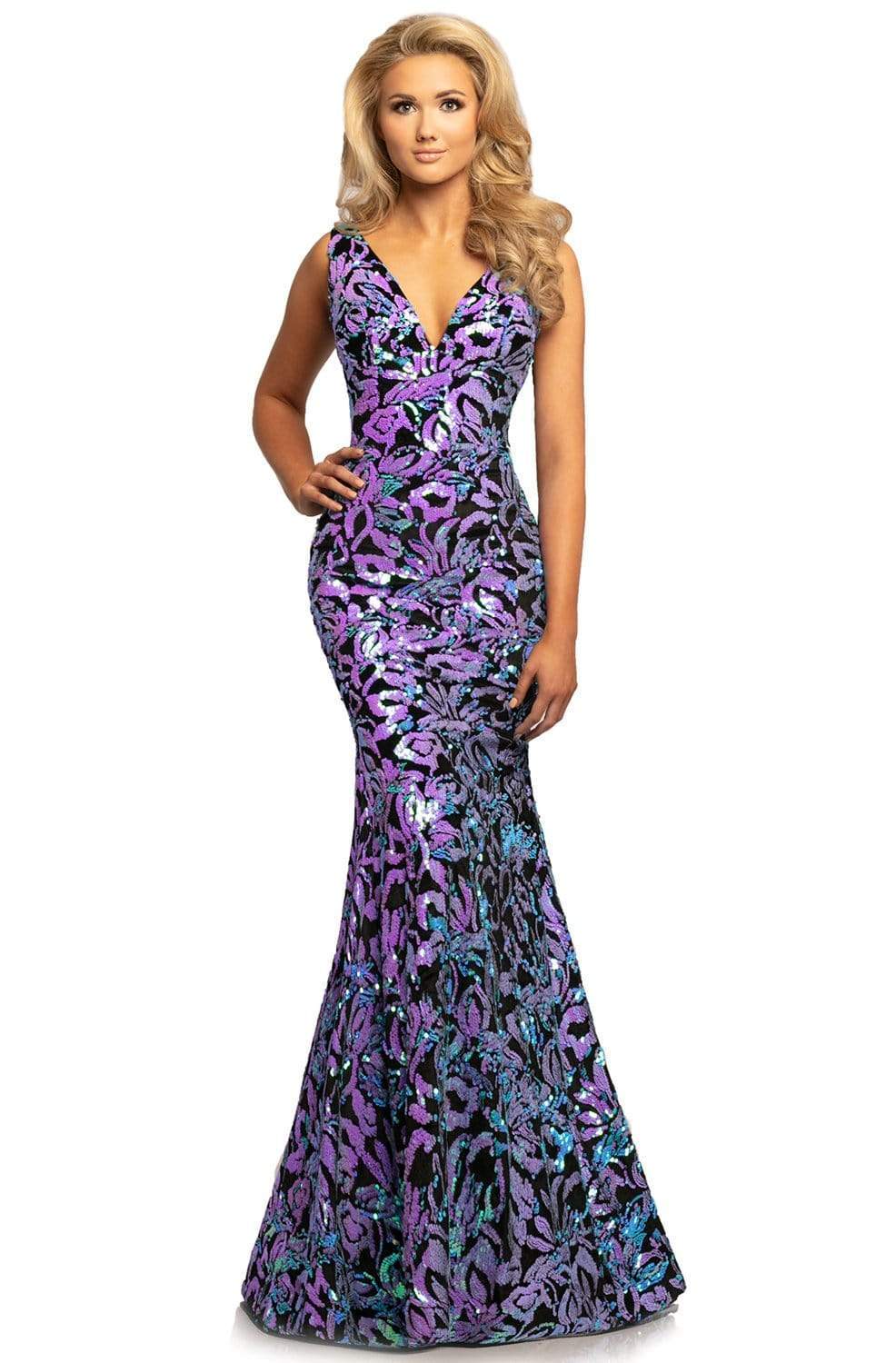Image of Johnathan Kayne - 2106 Sleeveless V Neck Sequin Velvet Mermaid Gown