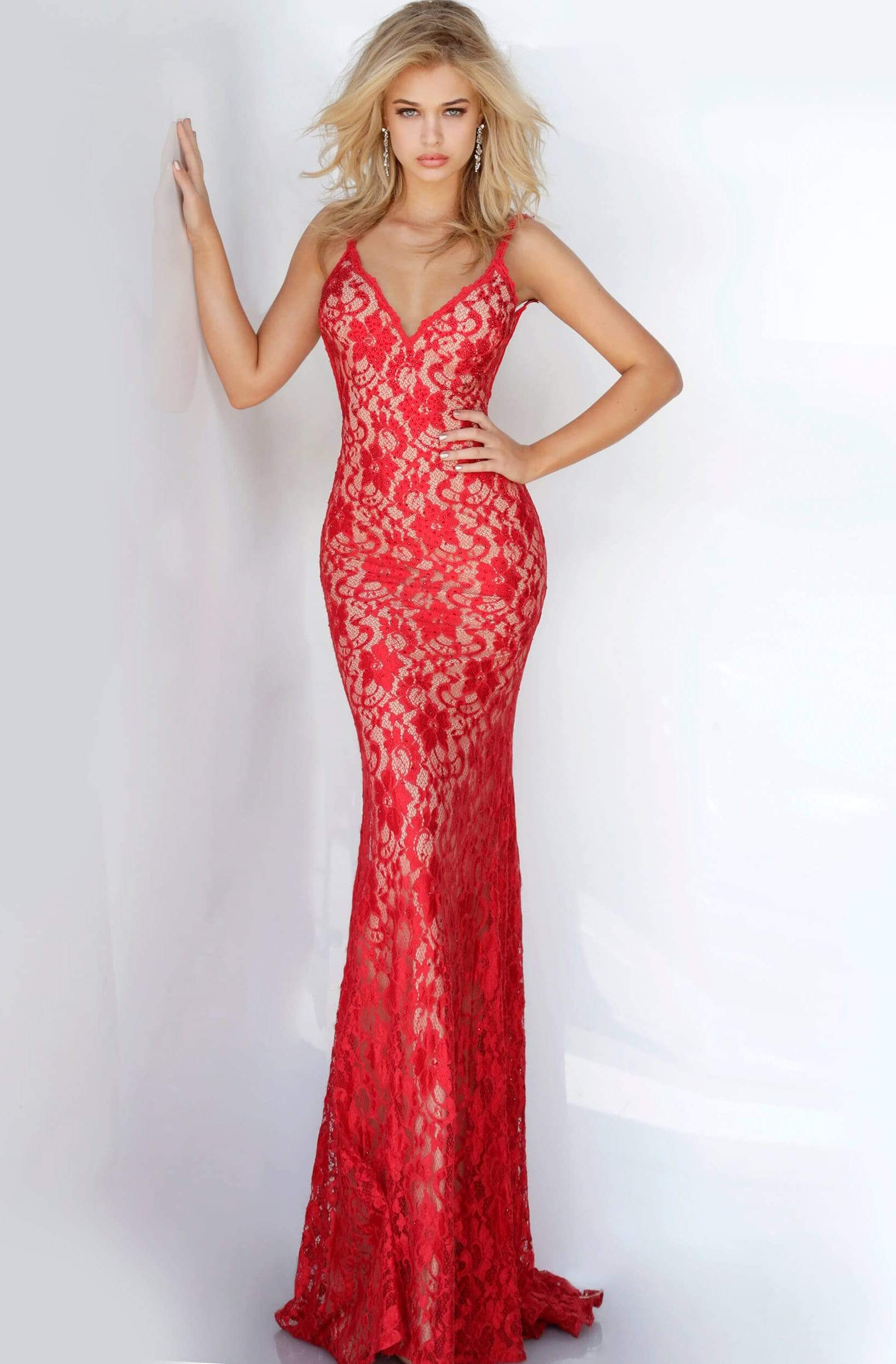 Image of Jovani - 00782 Backless V Neck Allover Lace Fitted Long Dress