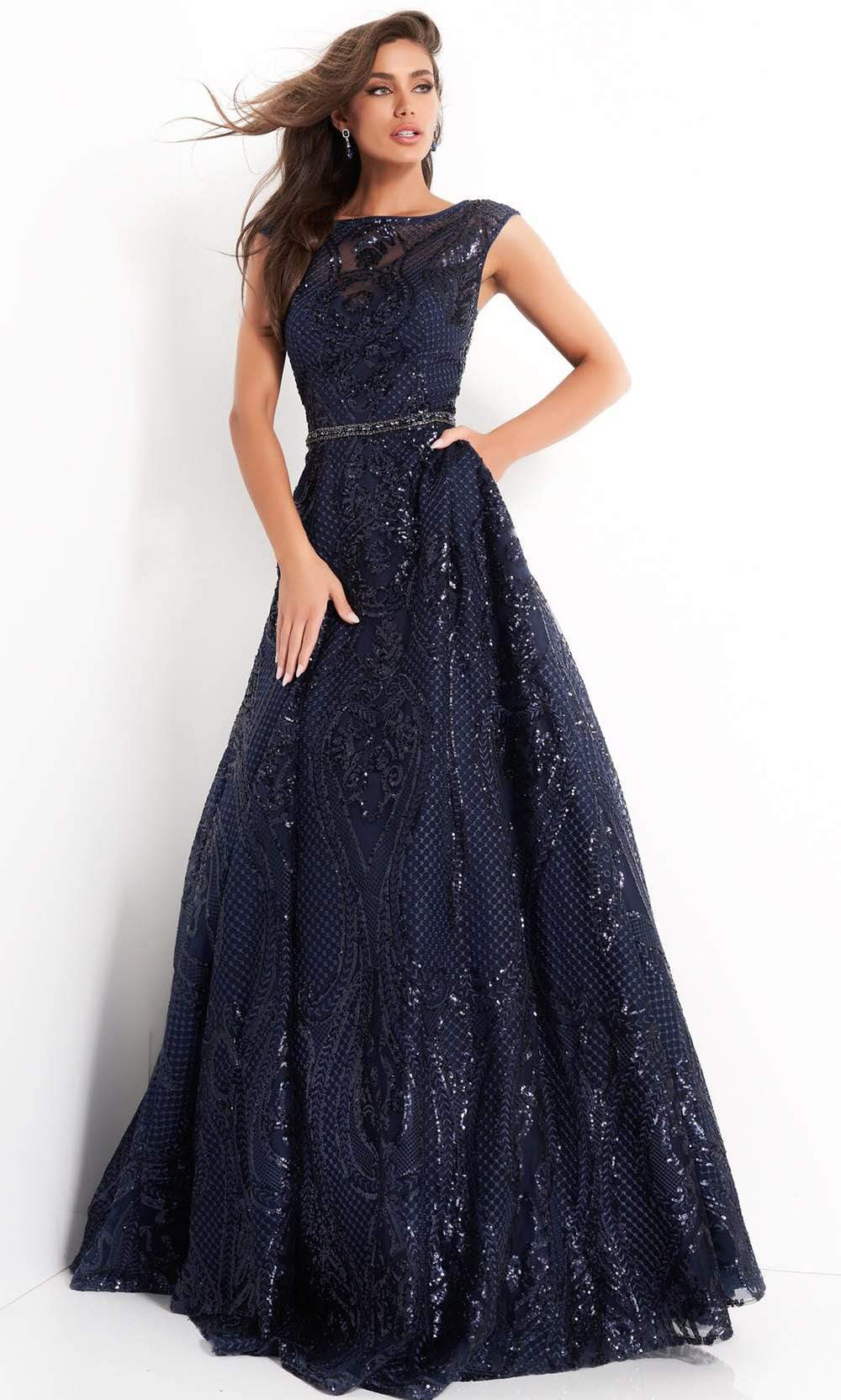 Image of Jovani - 02514 Cap Sleeve Sequin Embroidered A-Line Gown