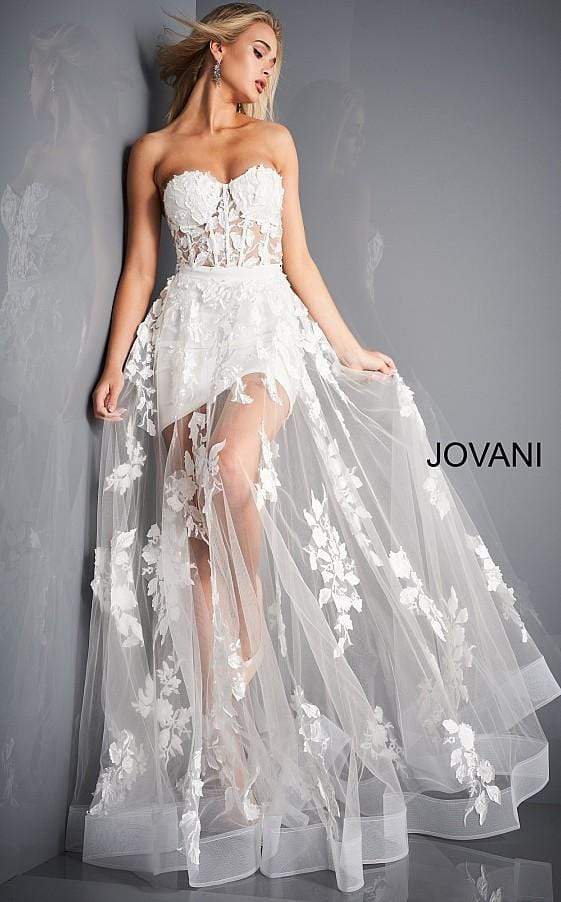 Image of Jovani - 02845 Floral Embellished Corset Bodice Sheer Overskirt Gown