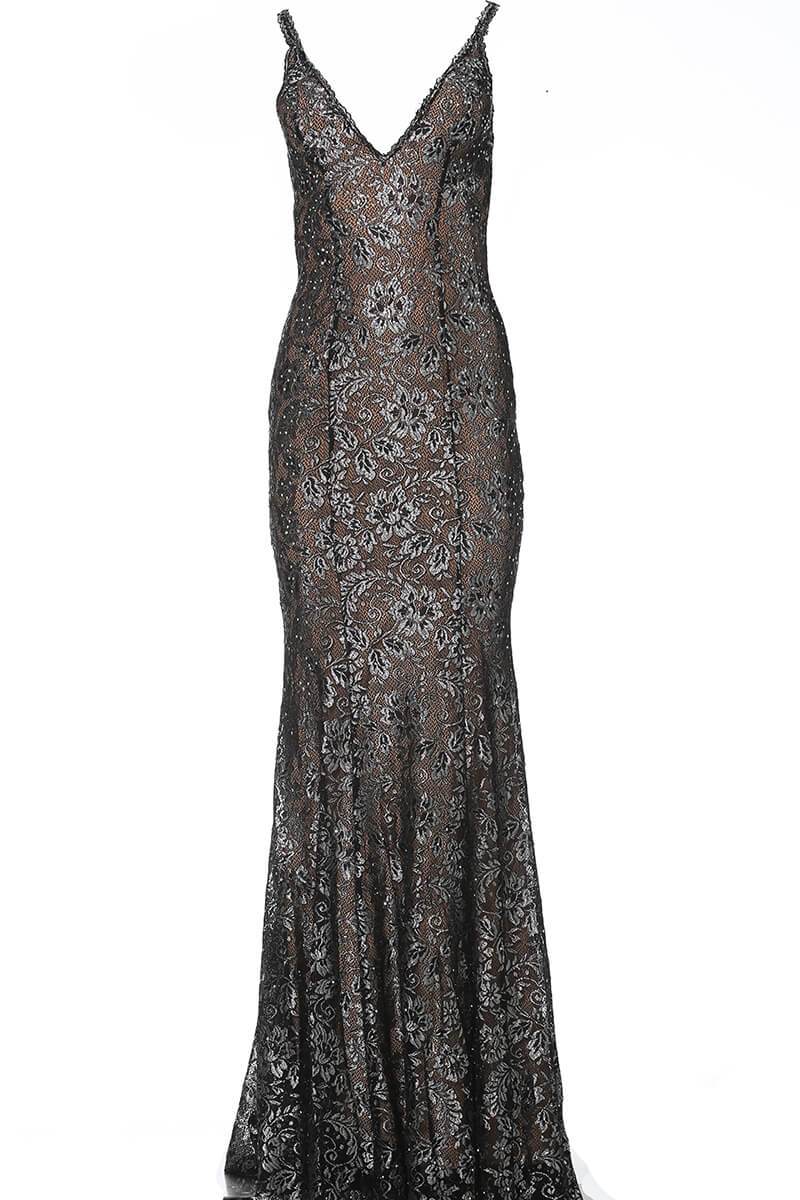 Image of Jovani - 02906 Backless Metallic Lace Mermaid Gown