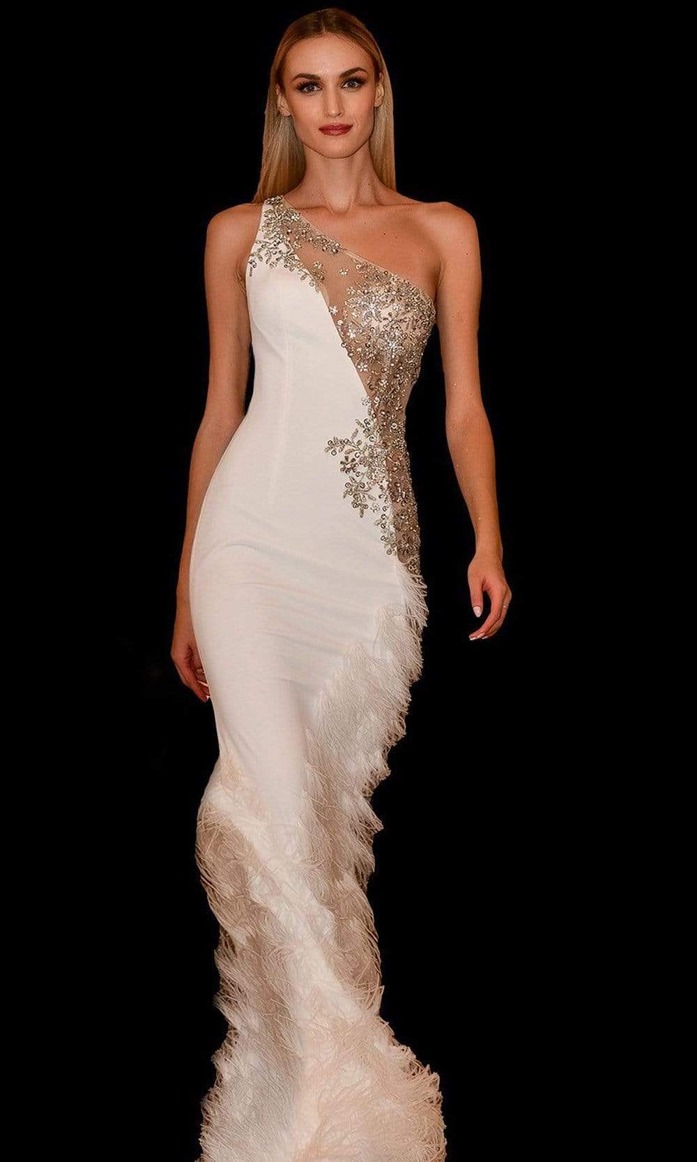 Image of Jovani - 03389 Asymmetric Beaded Sheer Trumpet Gown