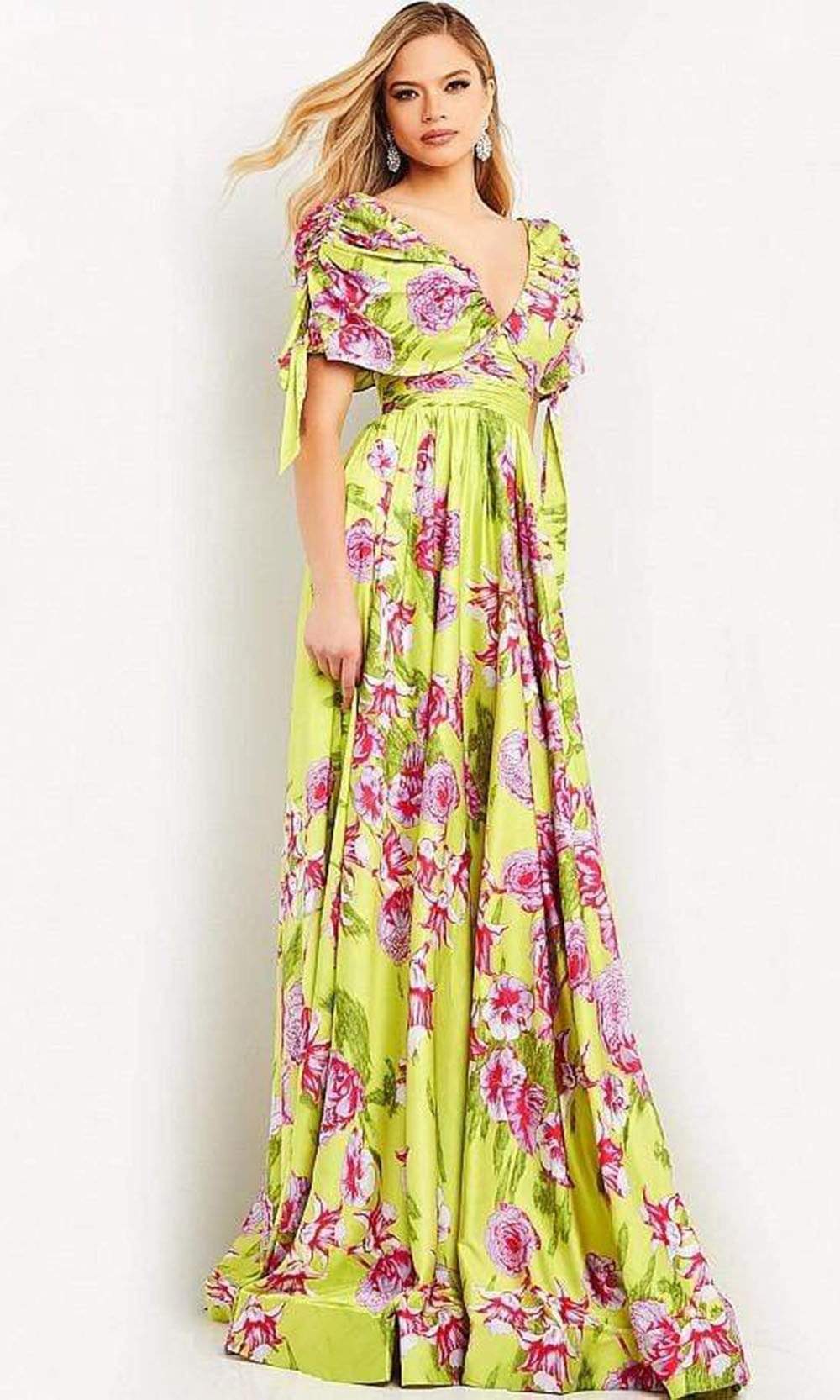 Image of Jovani - 04176 Ruched Sleeve Printed Flowy Dress