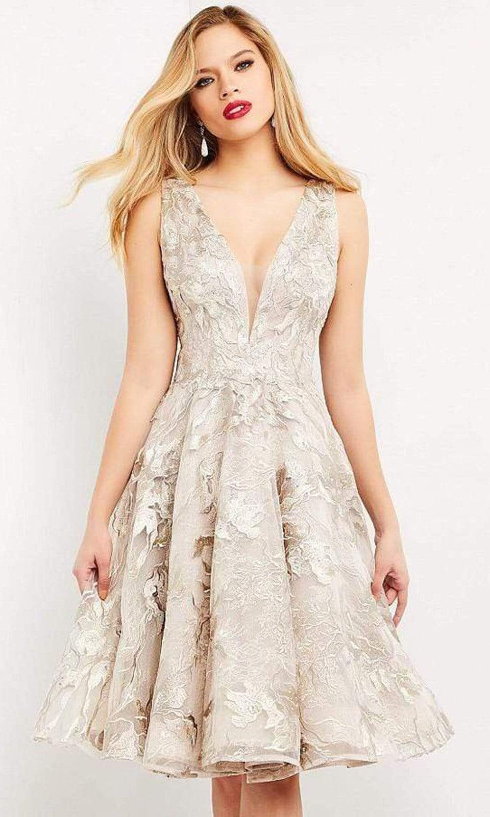Image of Jovani - 04442 Embroidered Fit and Flare Midi Dress