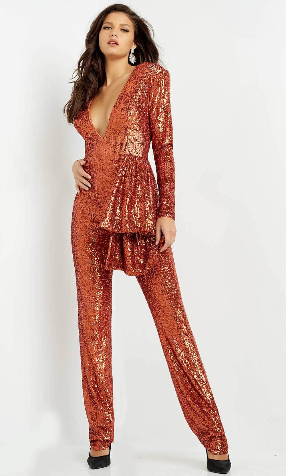 Image of Jovani 05345 - Sequin V-Neck Jumpsuit