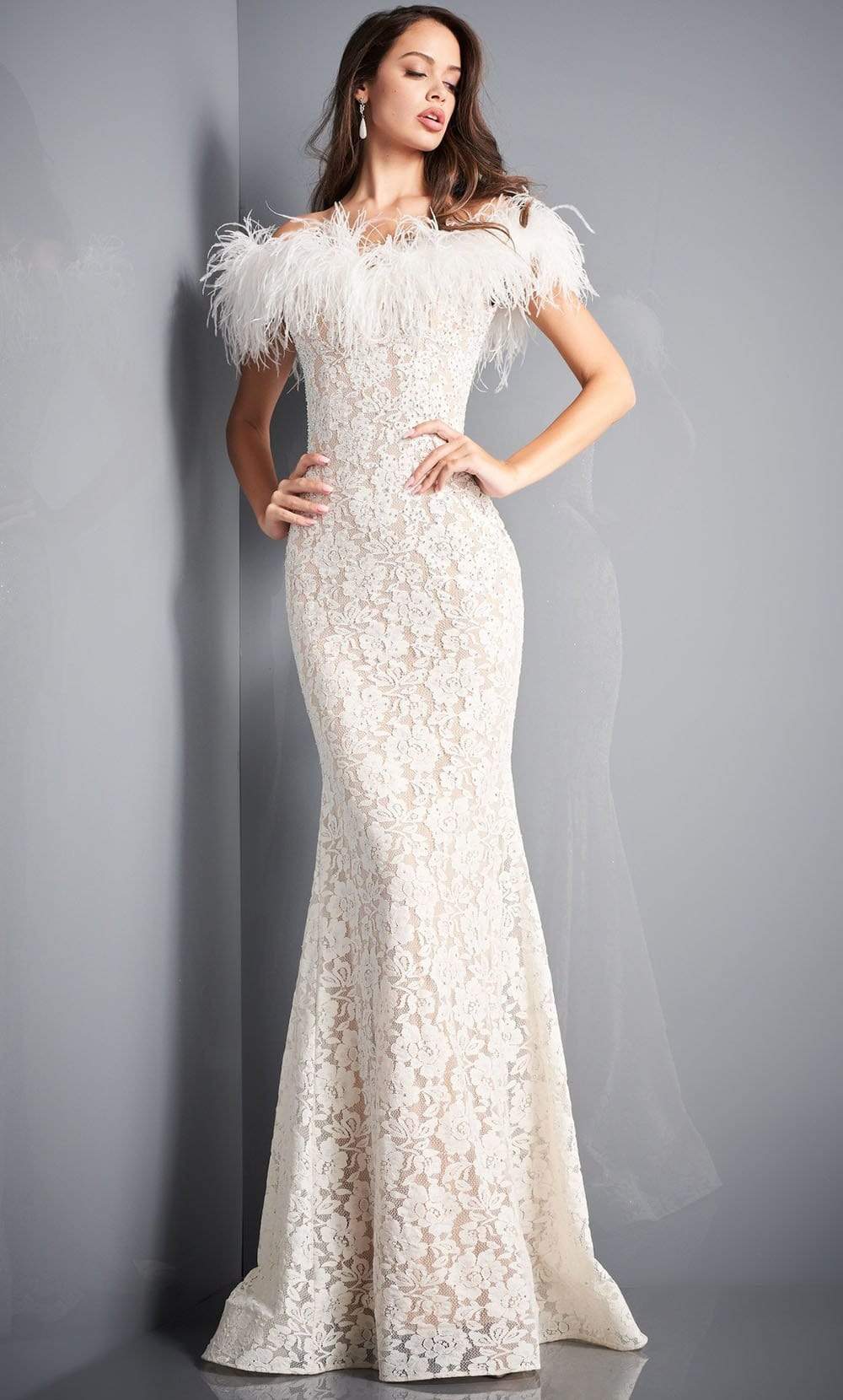 Image of Jovani - 06451 Feather Off-Shoulder Allover Lace Mermaid Gown