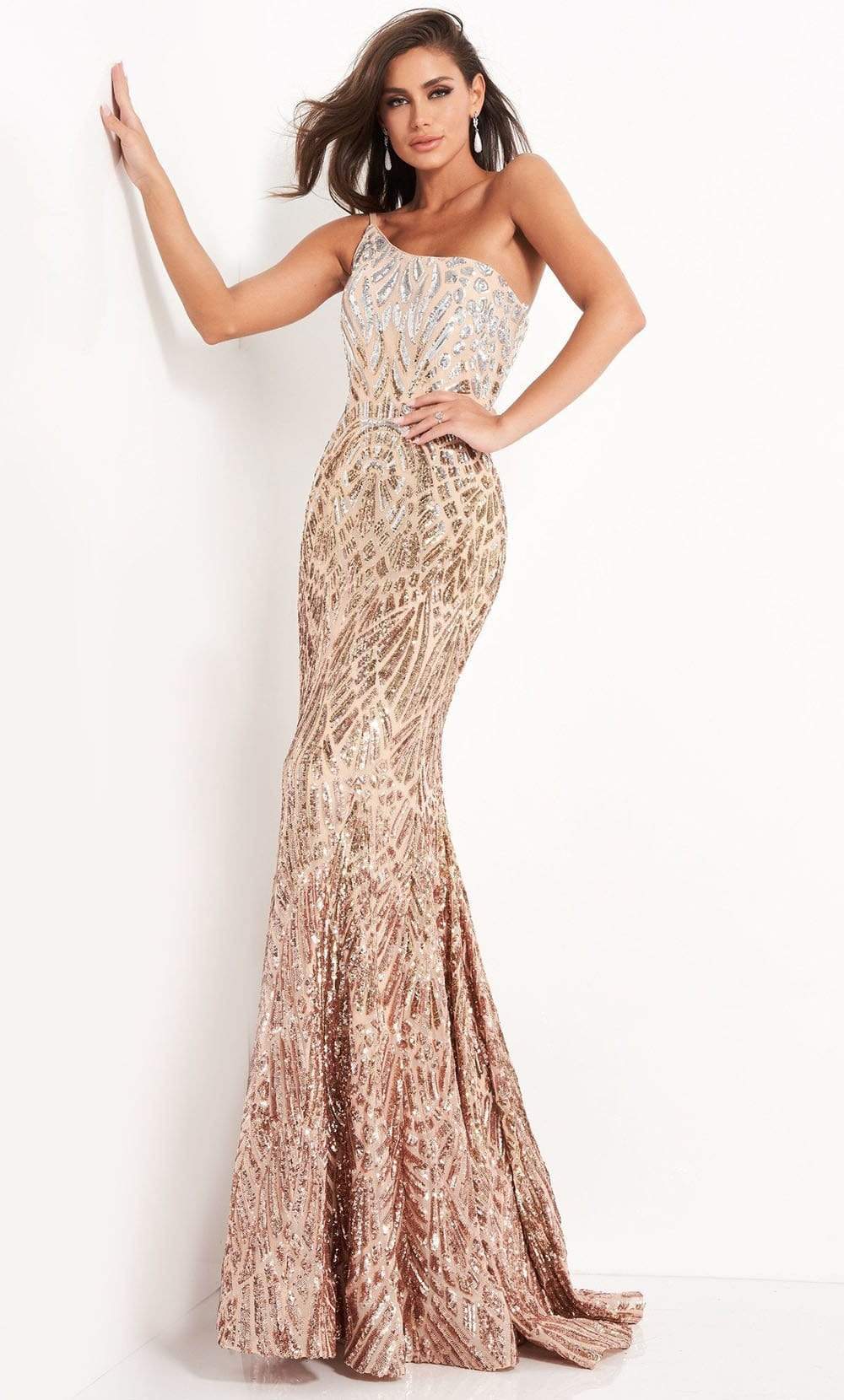 Image of Jovani - 06469 Sequined Modest Prom Trumpet Dress