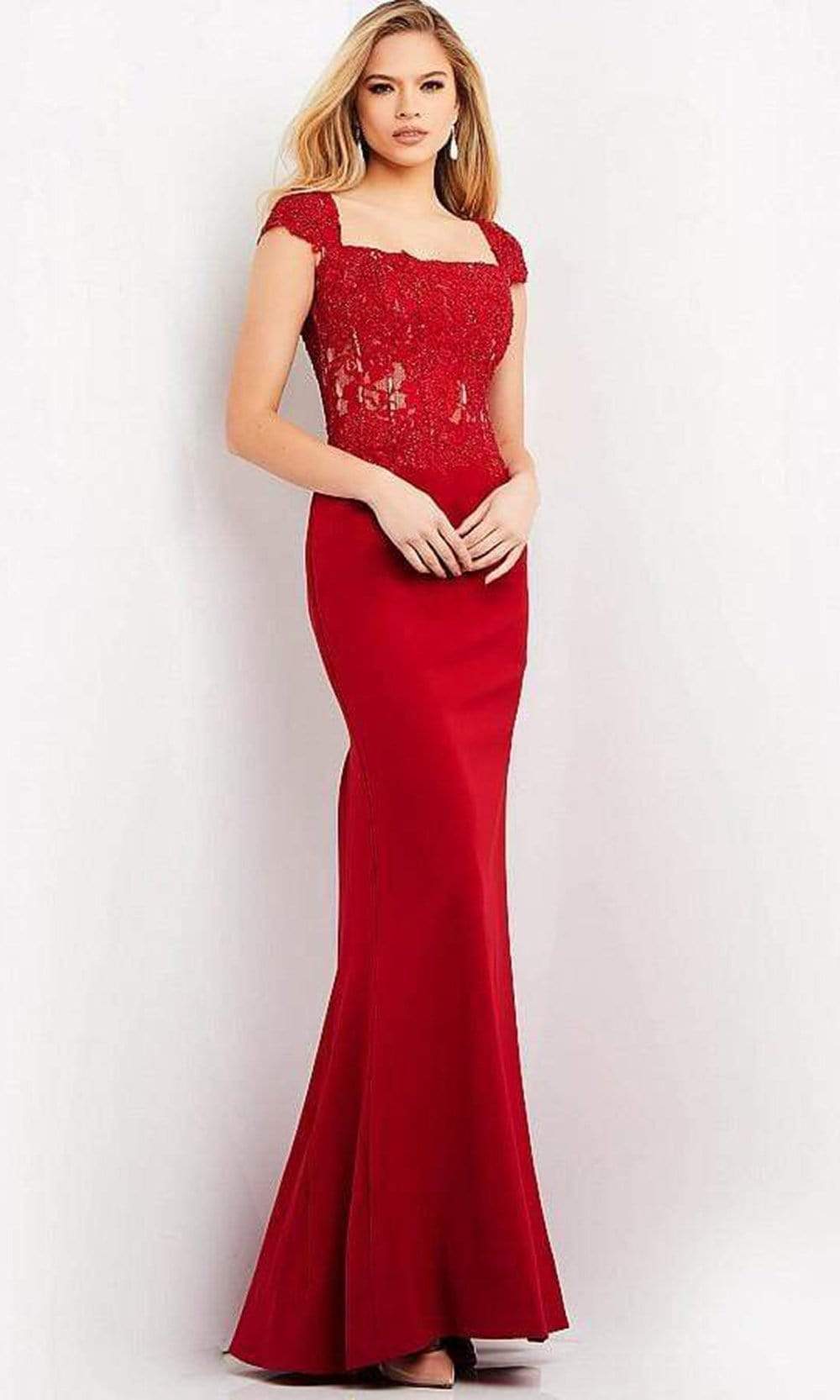 Image of Jovani - 06825 Square Neck Lace Sheath Evening Gown
