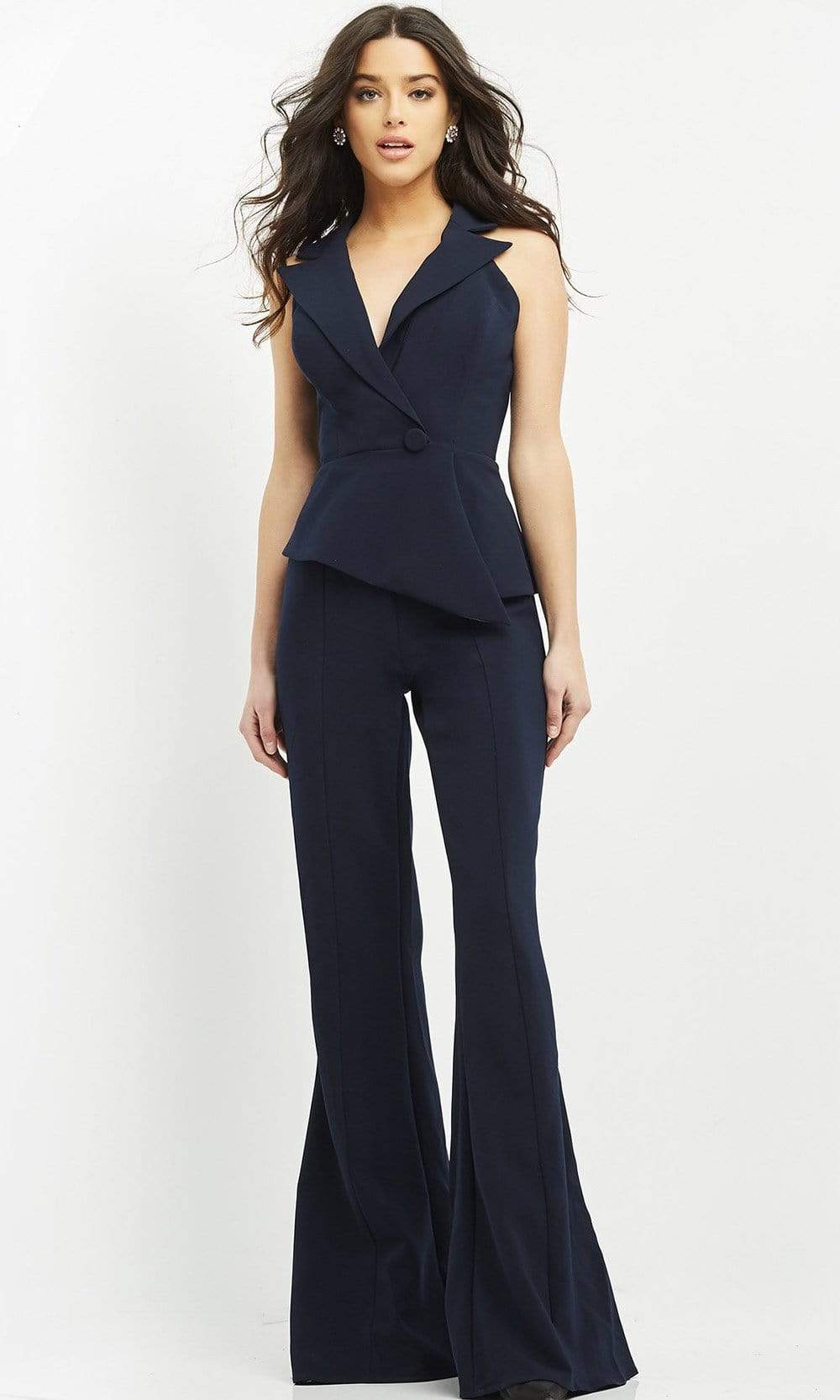 Image of Jovani - 06923 Sleeveless Front Button Peplum Jumpsuit