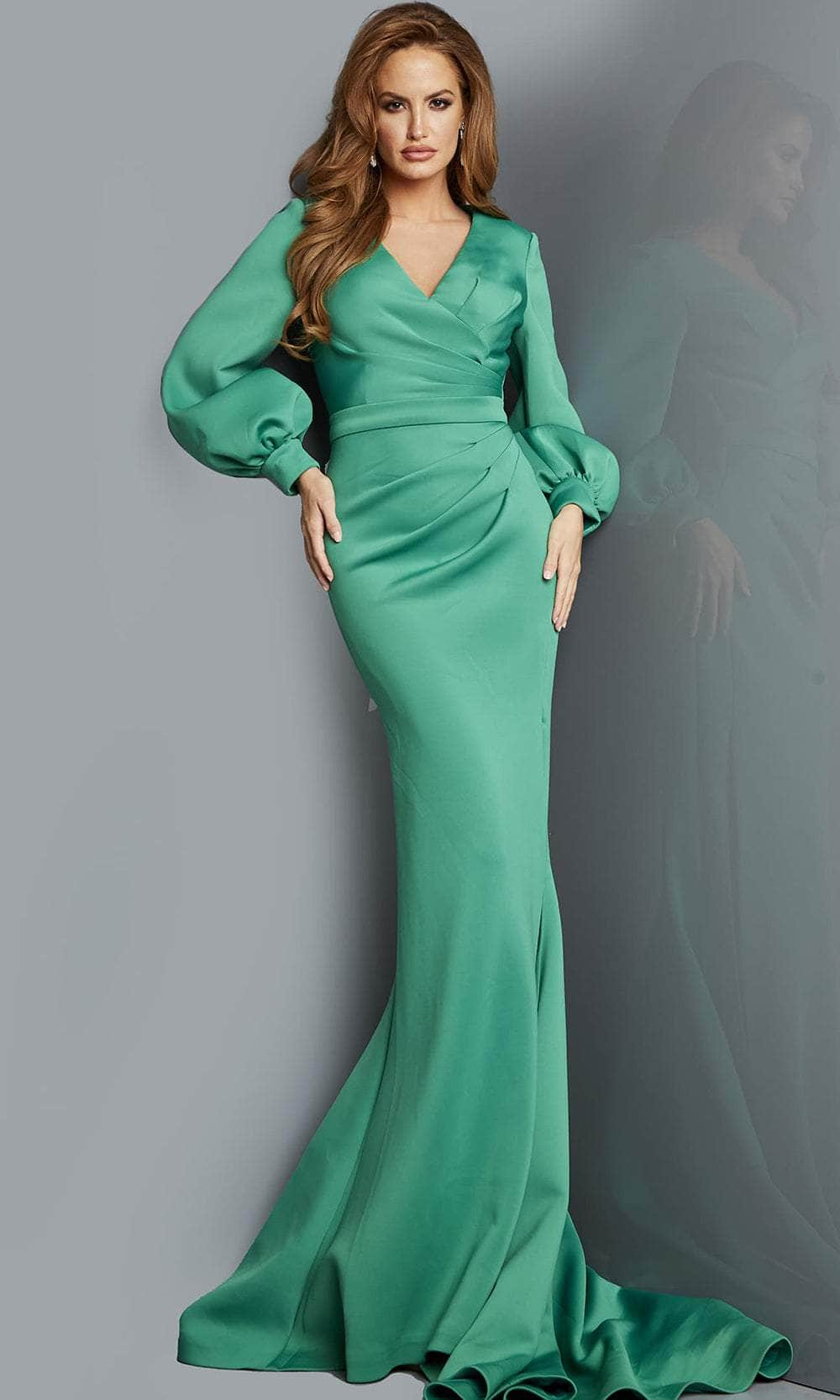 Image of Jovani 07047 - V-Neck Bishop Sleeves Evening Gown