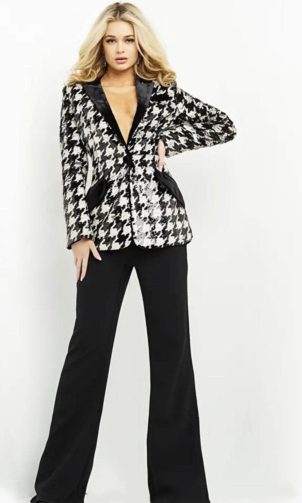 Image of Jovani 07239 - Plunging Neck Long Sleeve Pantsuit