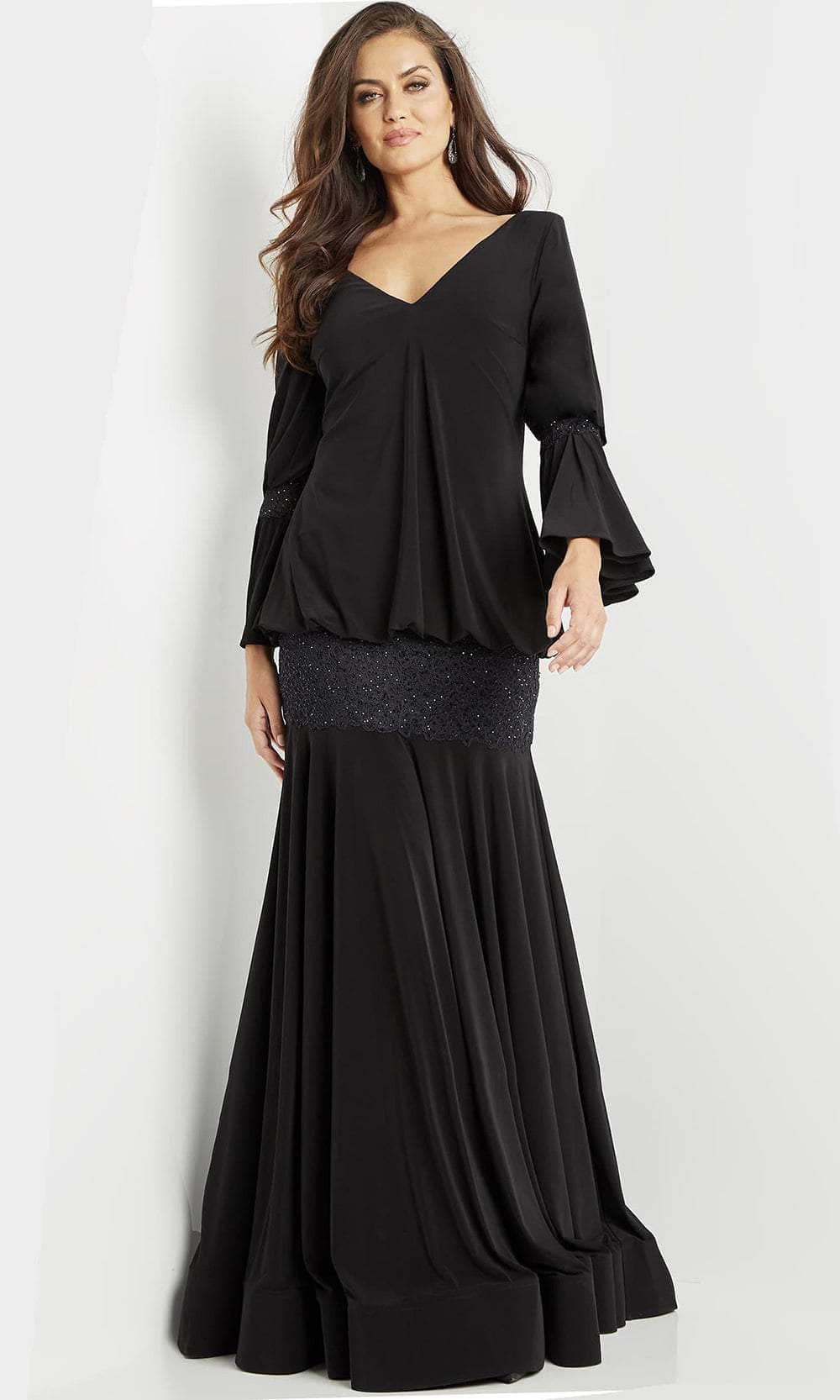Image of Jovani 07811 - V-Neck Long Sleeve Evening Gown
