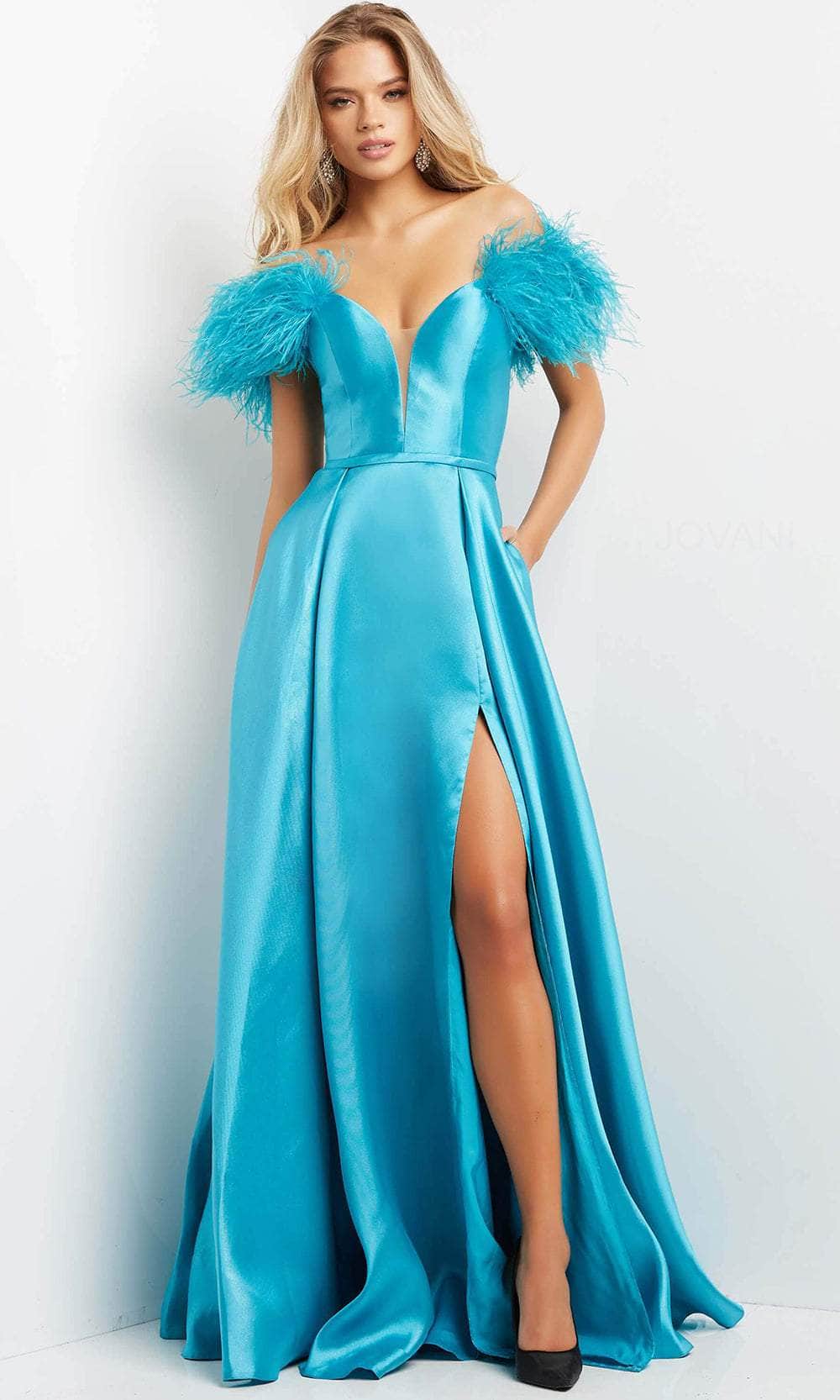Image of Jovani 08321 - Feathered Off Shoulder Evening Gown