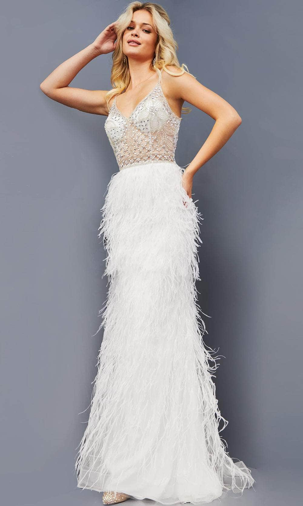 Image of Jovani 08525 - V-Neck Feathered Sheath Prom Dress