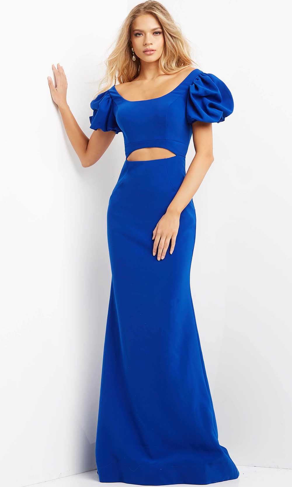 Image of Jovani 08526 - Puff Sleeve Midriff Cutout Evening Dress