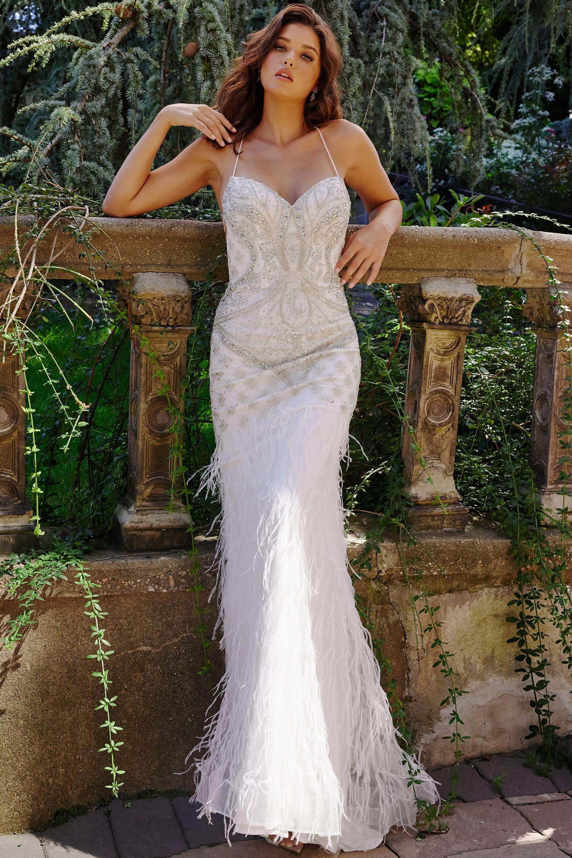 Image of Jovani 08550 - Beaded Feather Fringe Formal Dress
