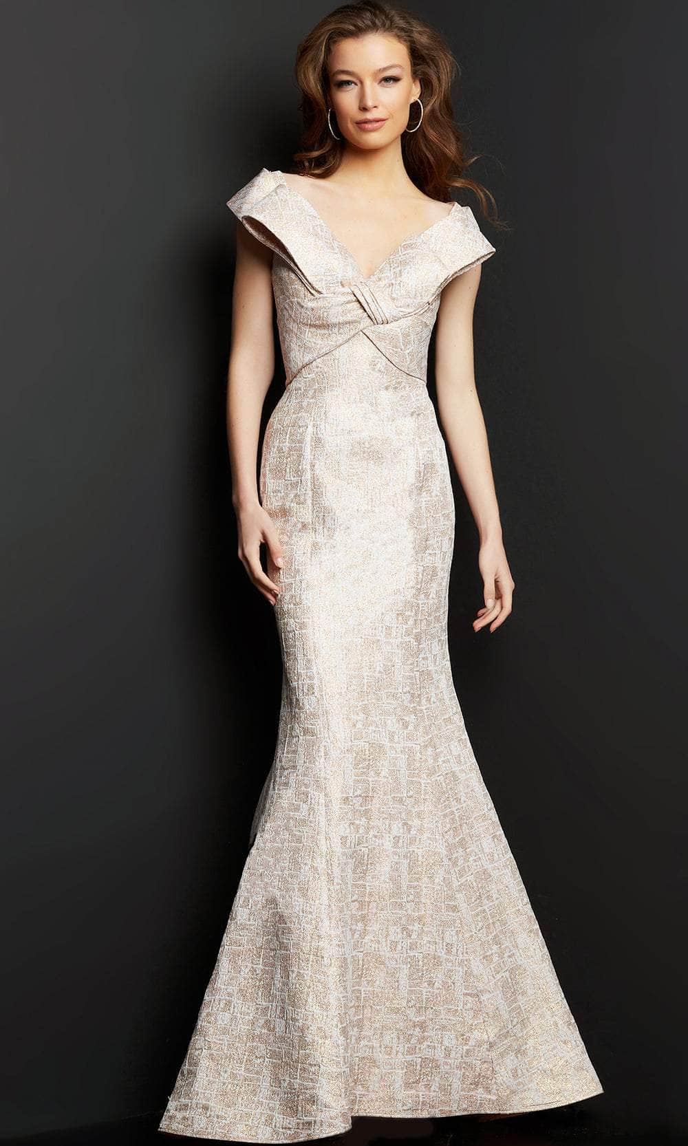 Image of Jovani 08656 - Cap Sleeved Bow V-Neck Mother of the Groom Gown