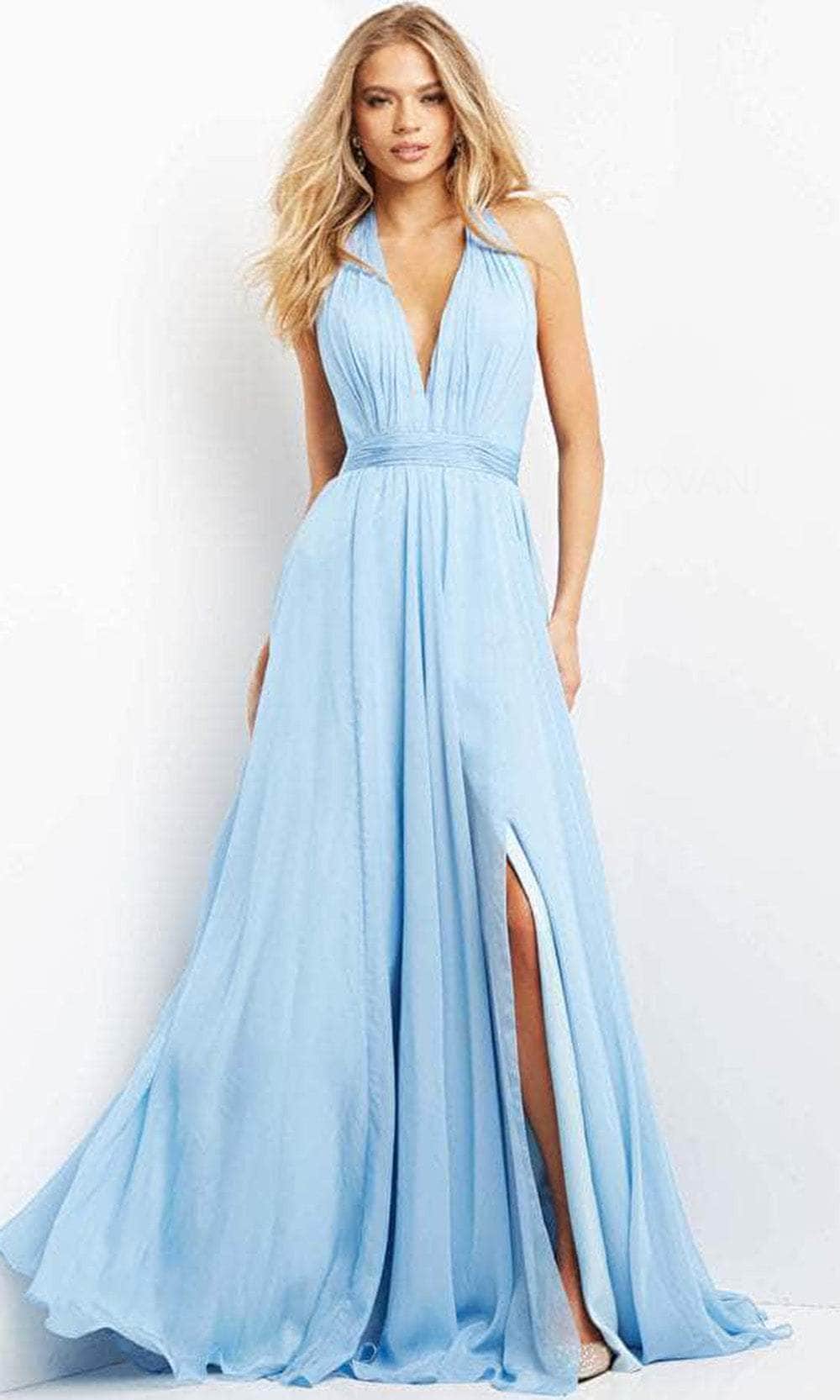 Image of Jovani 08682 - Sleeveless Deep Halter Neck Plus Size Prom Dress