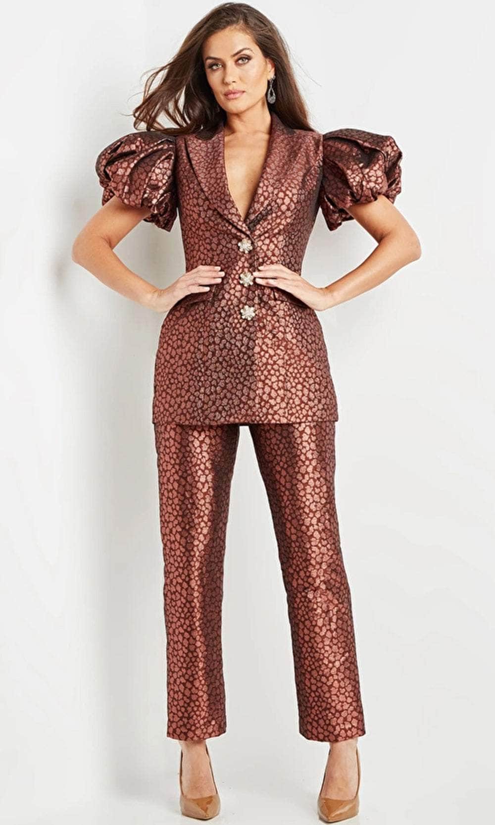 Image of Jovani 09643 - Puff Sleeve Evening Pant Suit