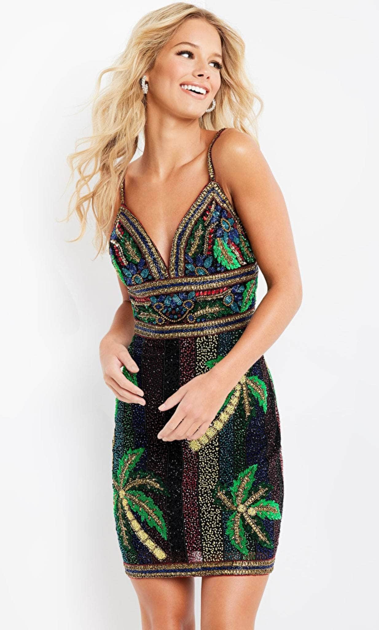 Image of Jovani 09908 - Multicolored Palm-Detailed Dress