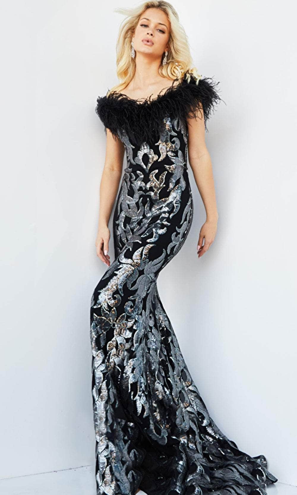 Image of Jovani 22346 - Sequin and Feathered Evening Gown