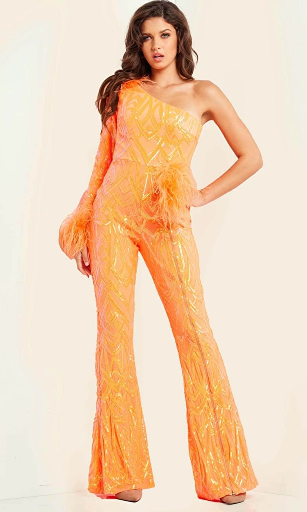 Image of Jovani 23026 - Feather Ornate Beaded Jumpsuit