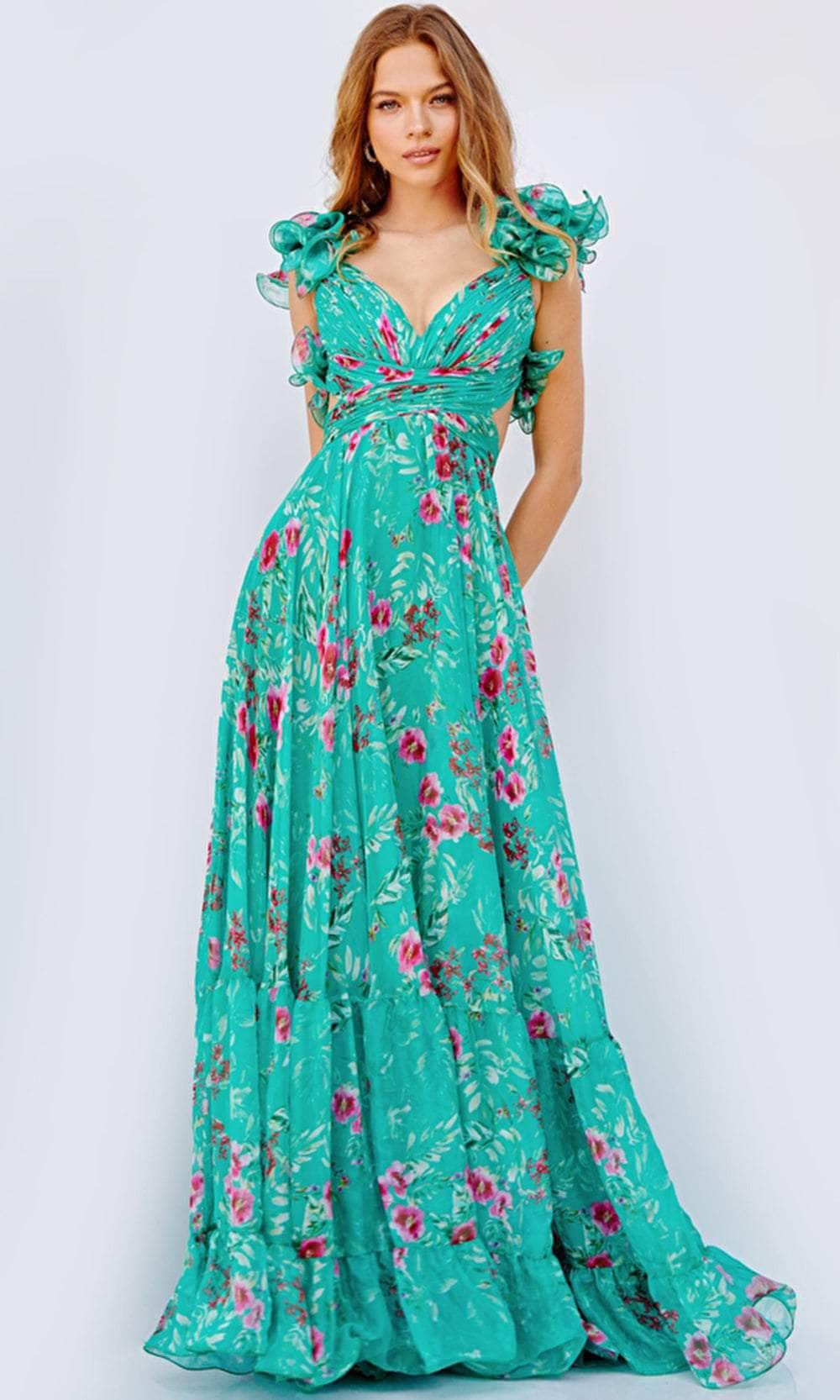 Image of Jovani 23321 - Floral Printed A-line Flowy Gown