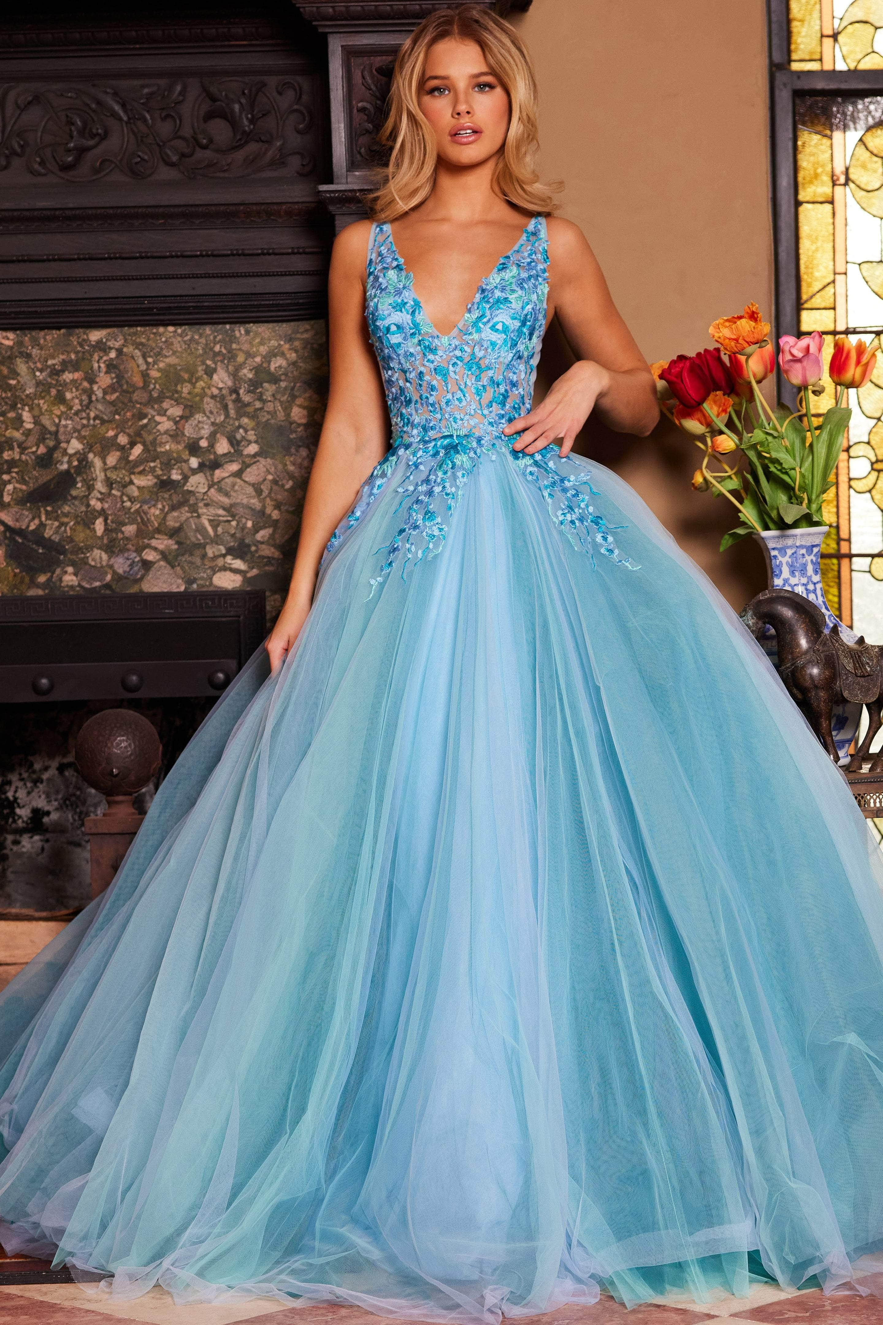 Image of Jovani 23577 - Floral Lace V-Neck Ballgown