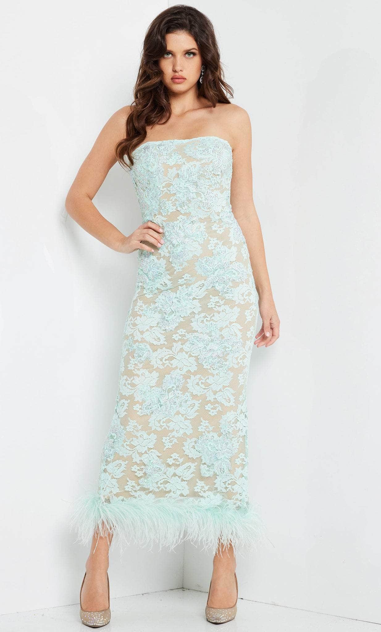 Image of Jovani 24256 - Feather Hem Lace Evening Dress