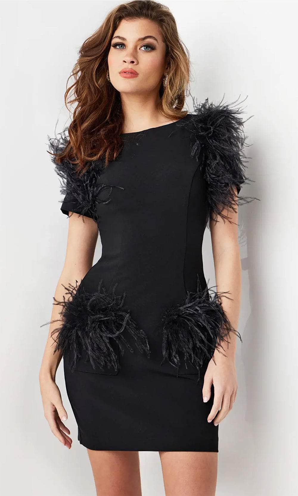 Image of Jovani 24558 - Feather Accent Bateau Cocktail Dress