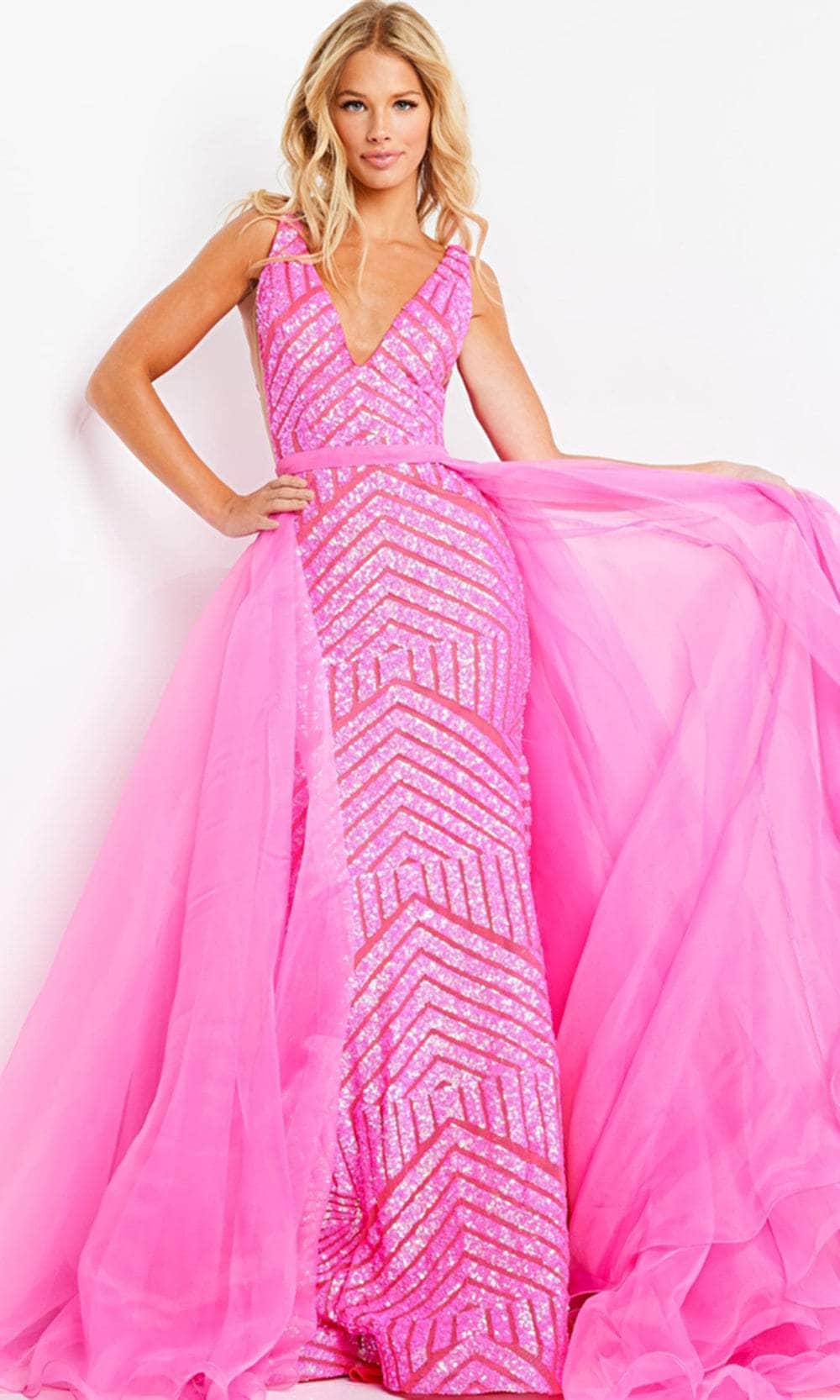Image of Jovani 25833 - Plunging Sequined Dress with Tulle Overskirt
