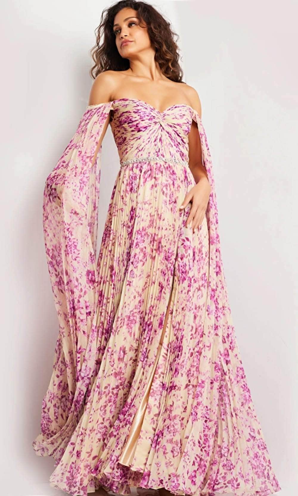 Image of Jovani 26141 - Print Pleated Skirt Long Dress