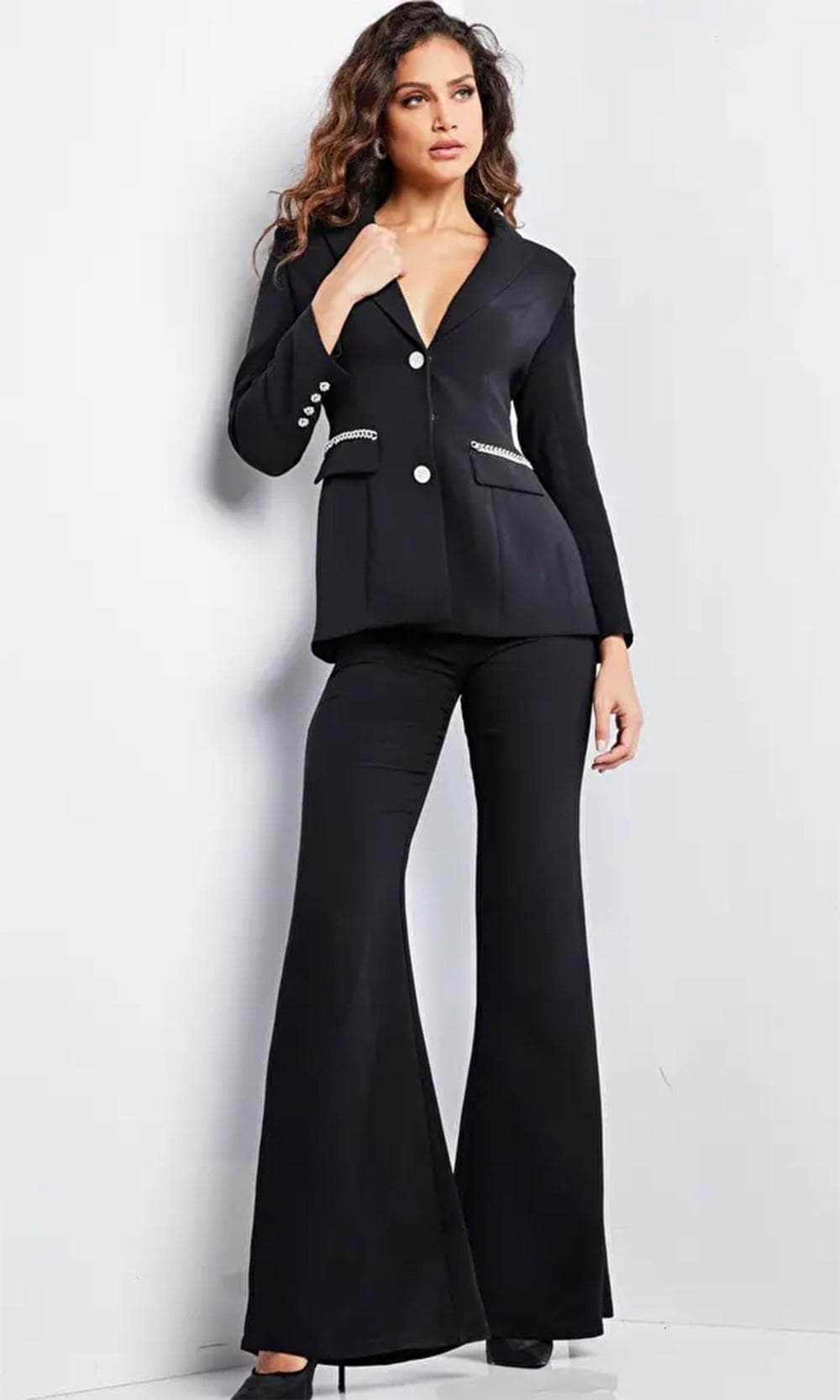 Image of Jovani 26144 - Chain Detailed Long Sleeve Pantsuit