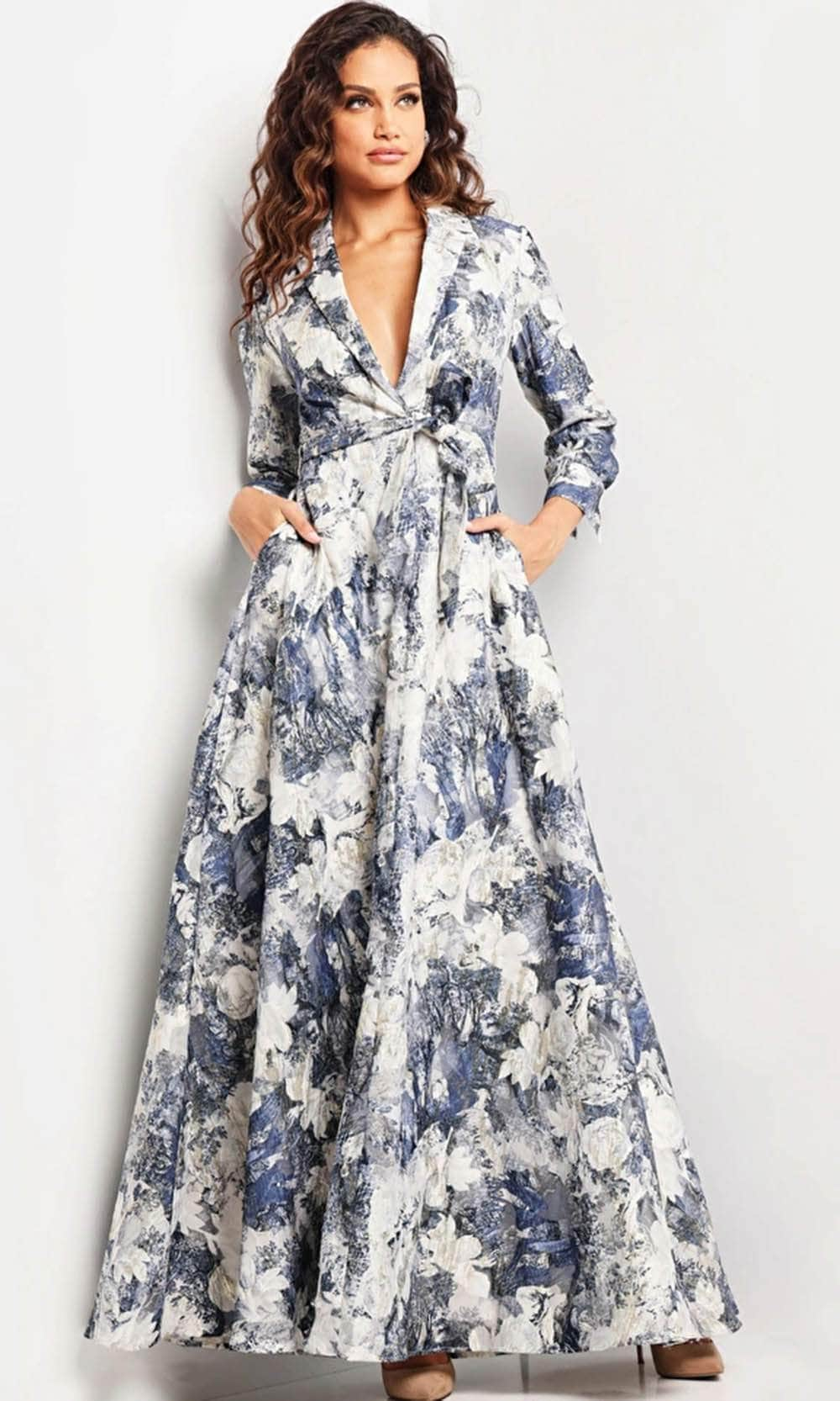 Image of Jovani 26202 - Floral V Neck A line Dress