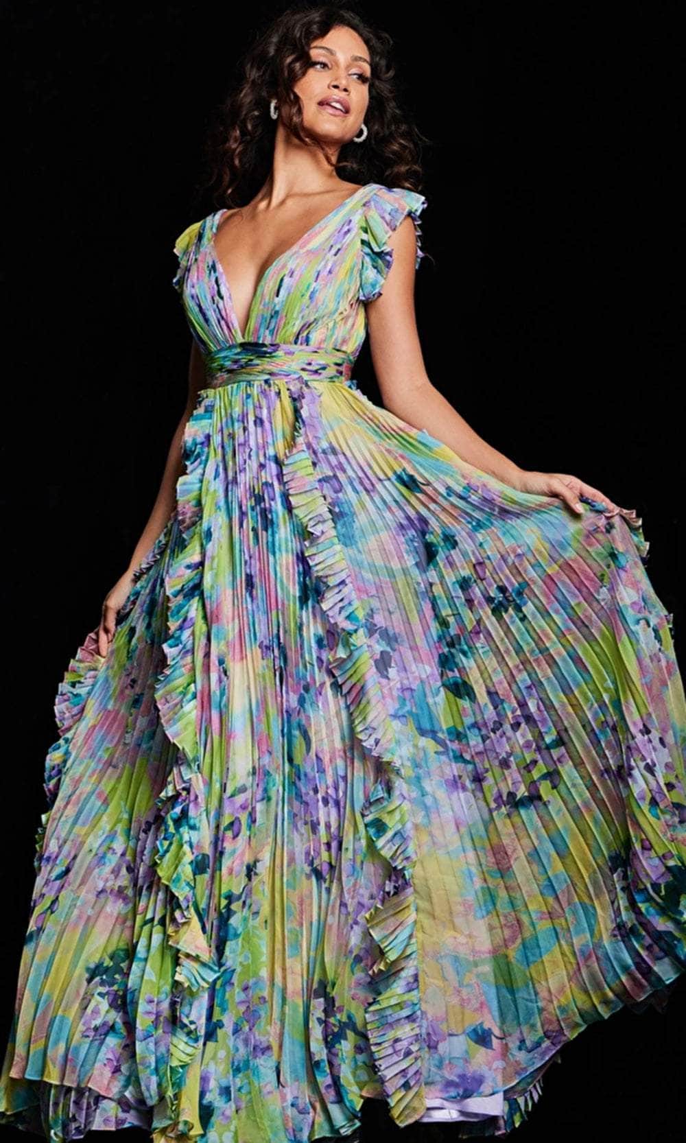 Image of Jovani 34412 - Floral Print Flutter Long Dress