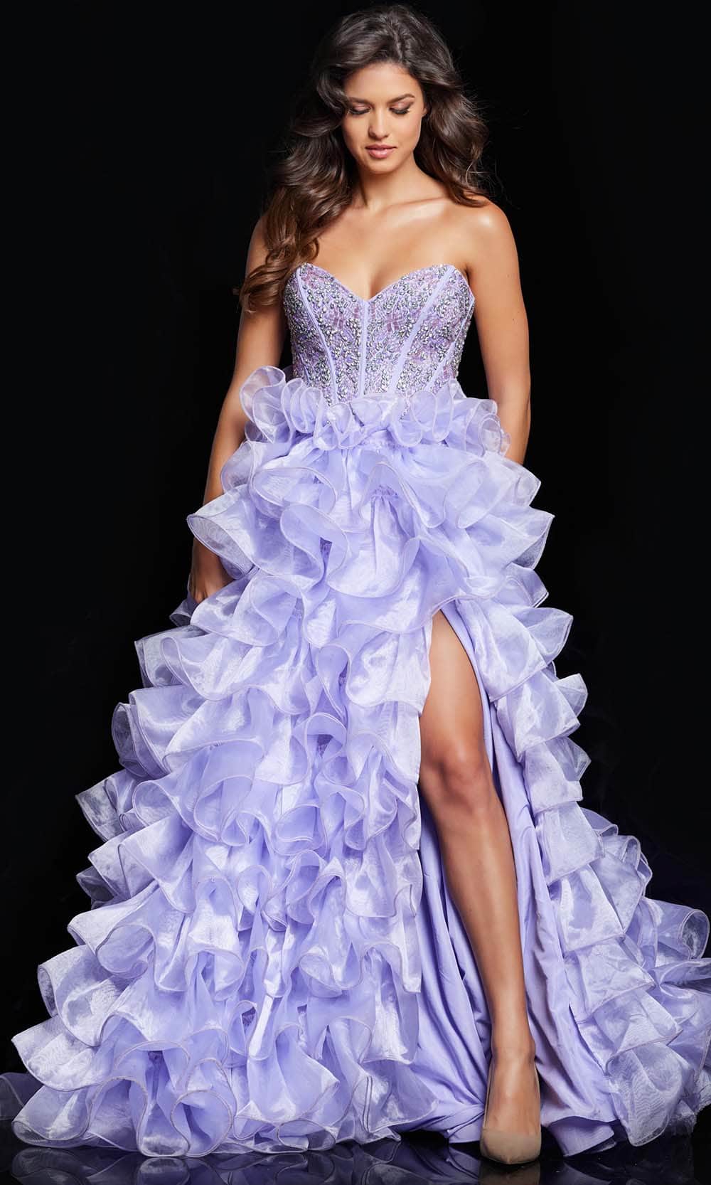 Image of Jovani 37322 - Ruffled Ballgown with Slit