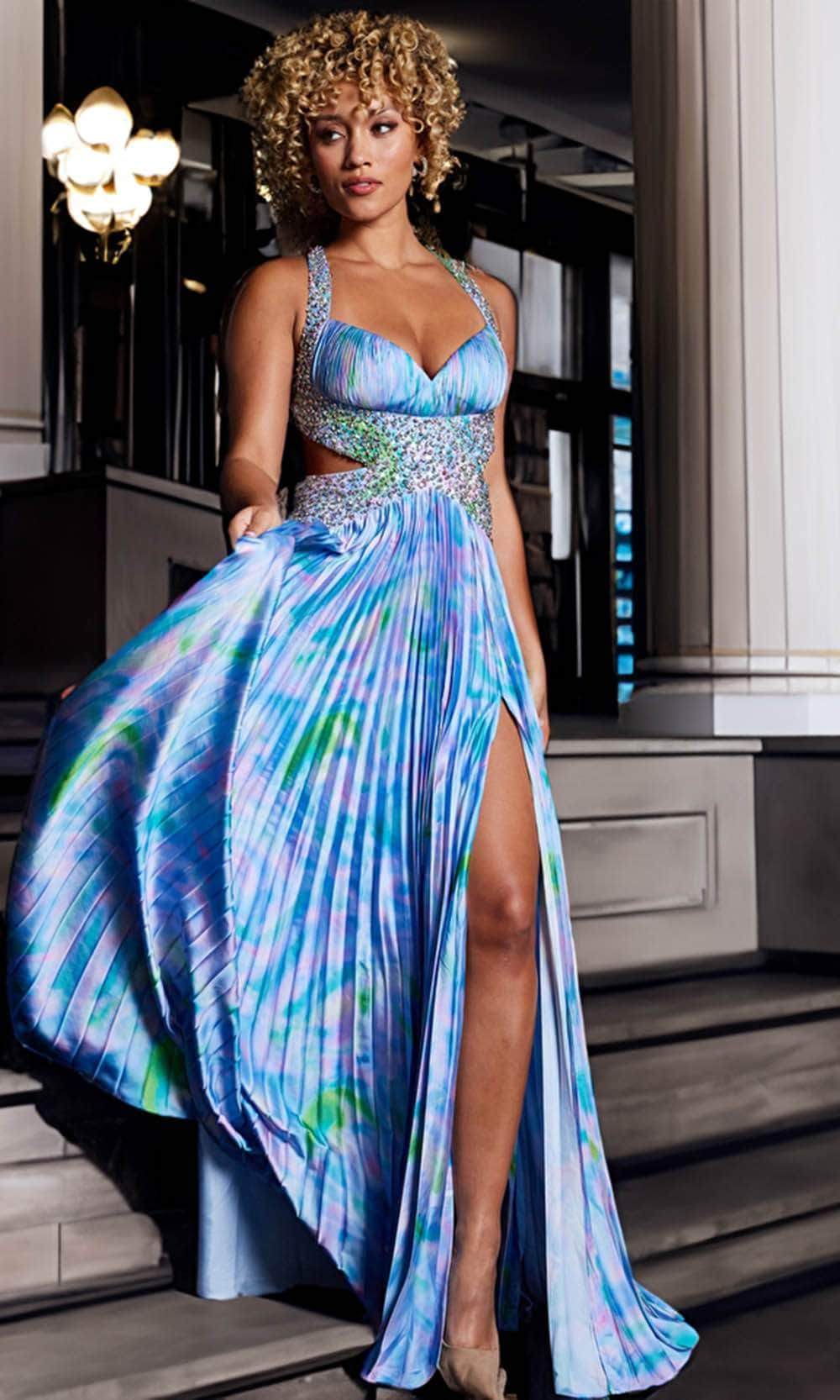 Image of Jovani 38722 - Print Detail Satin Sheath Gown