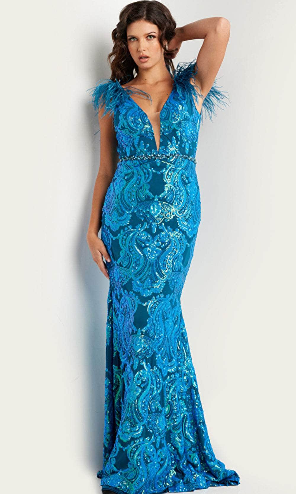 Image of Jovani 38758 - Feather Sequined Long Gown
