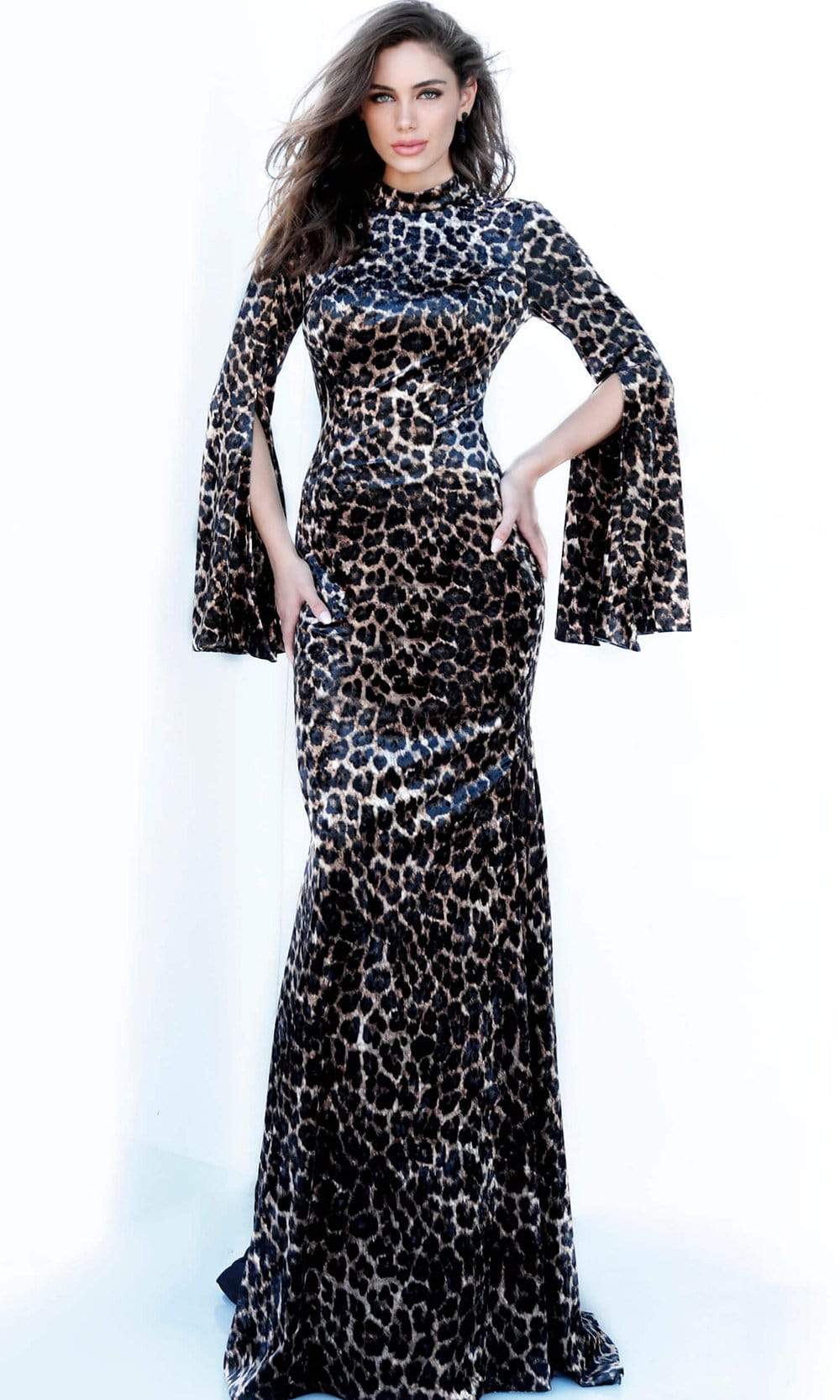 Image of Jovani - 3995 Animal Print Split Sleeve Mermaid Dress