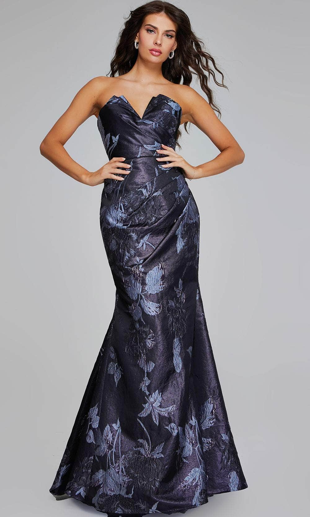 Image of Jovani 40309 - V-Neck Floral Detailed Evening Gown