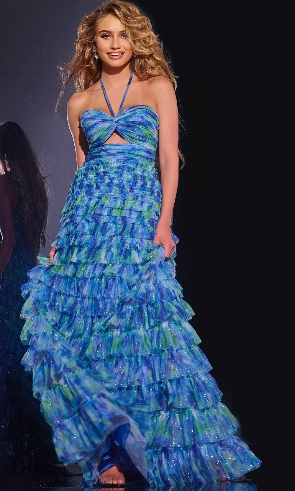 Image of Jovani 42182 - Halter Neck Tiered Ruffle Keyhole Prom Gown