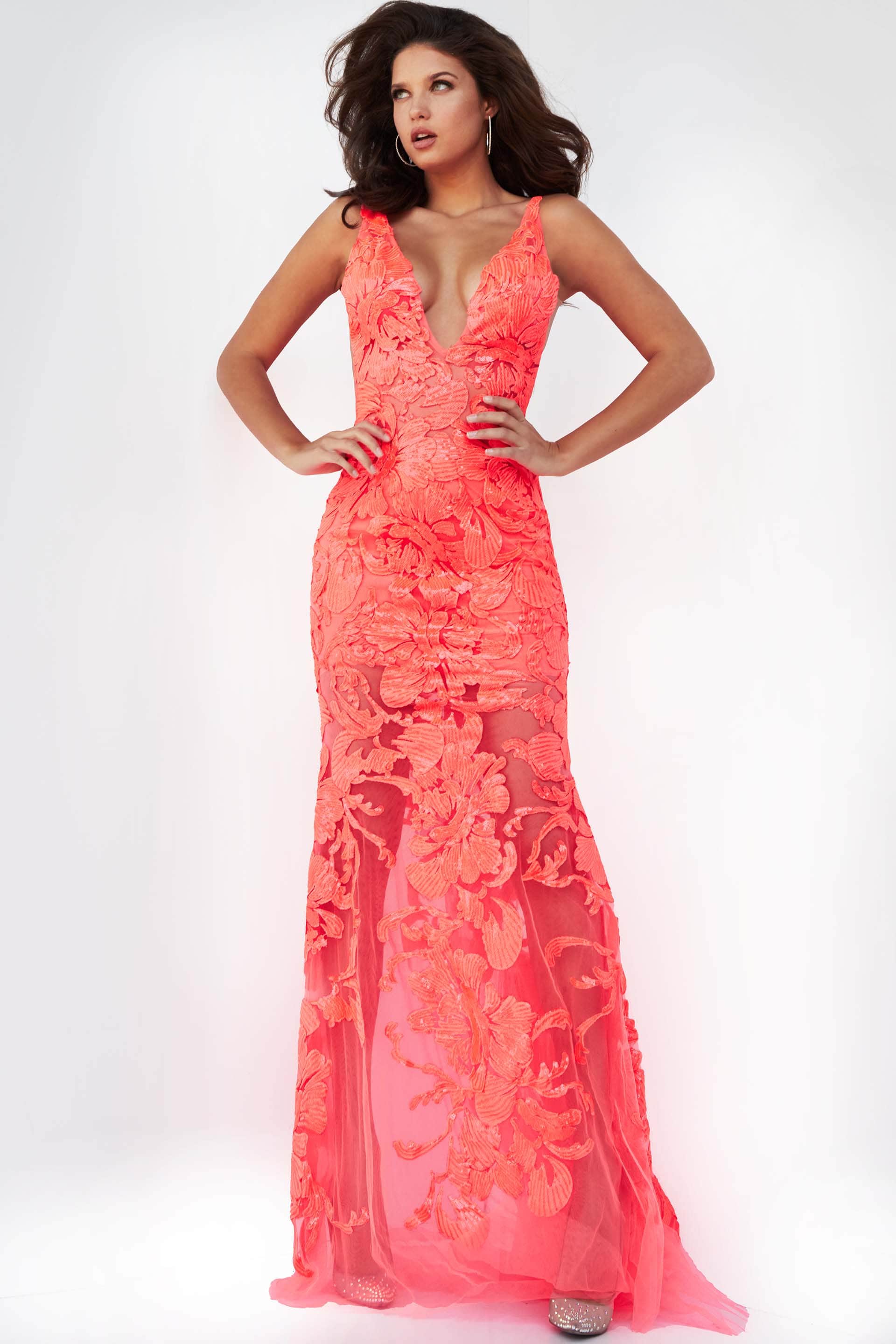 Image of Jovani 60283 - Sleeveless Floral Applique Prom Dress